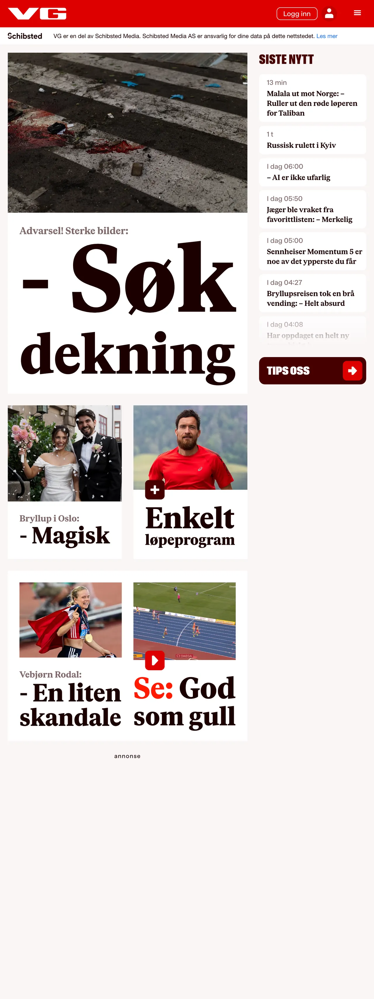 Screenshot of the VG front page