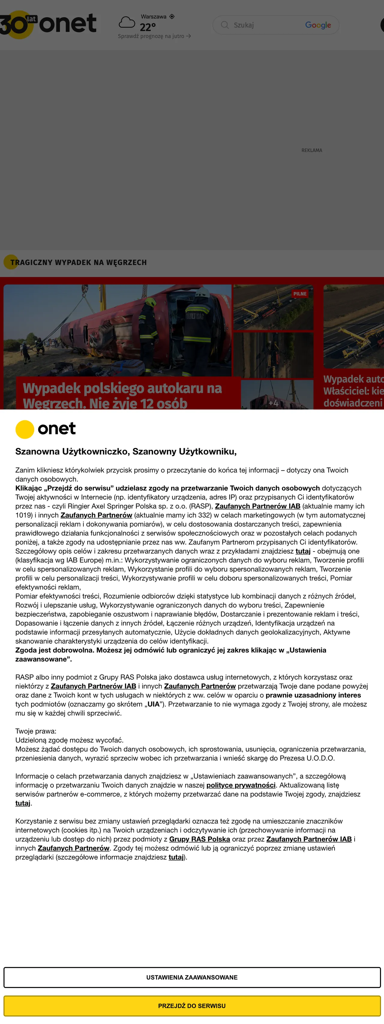 Screenshot of the Onet front page