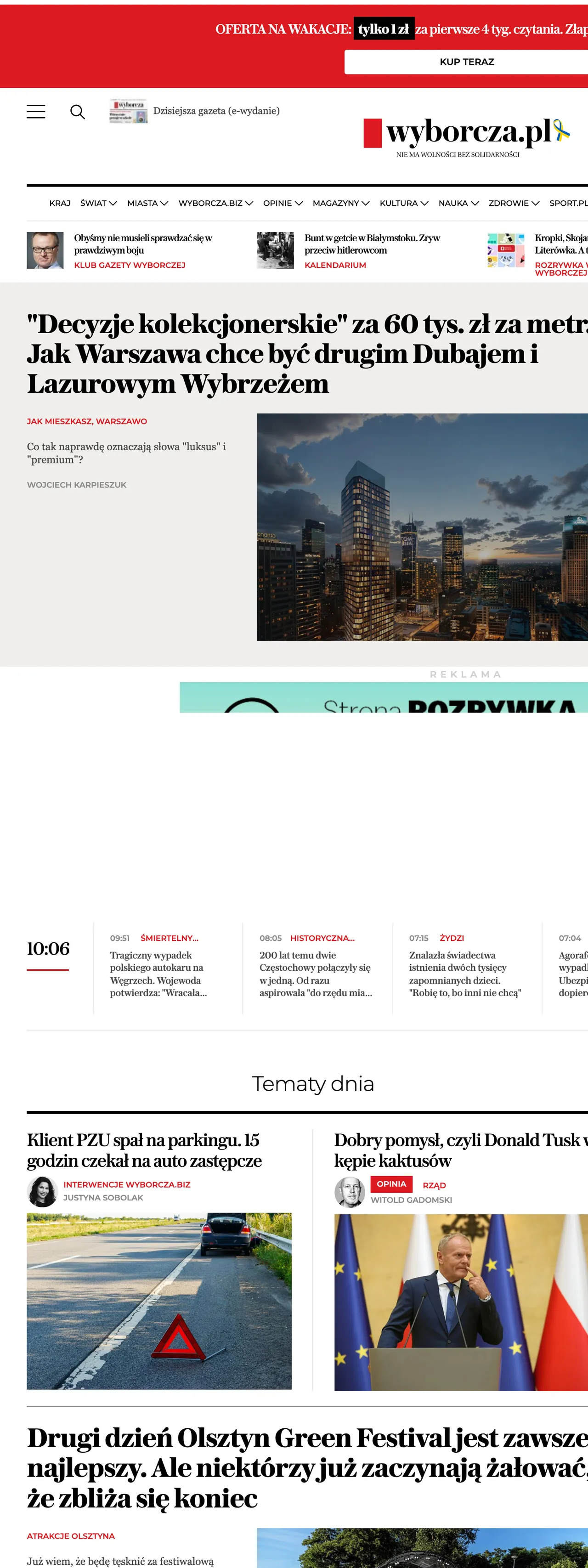 Screenshot of the Wyborcza front page