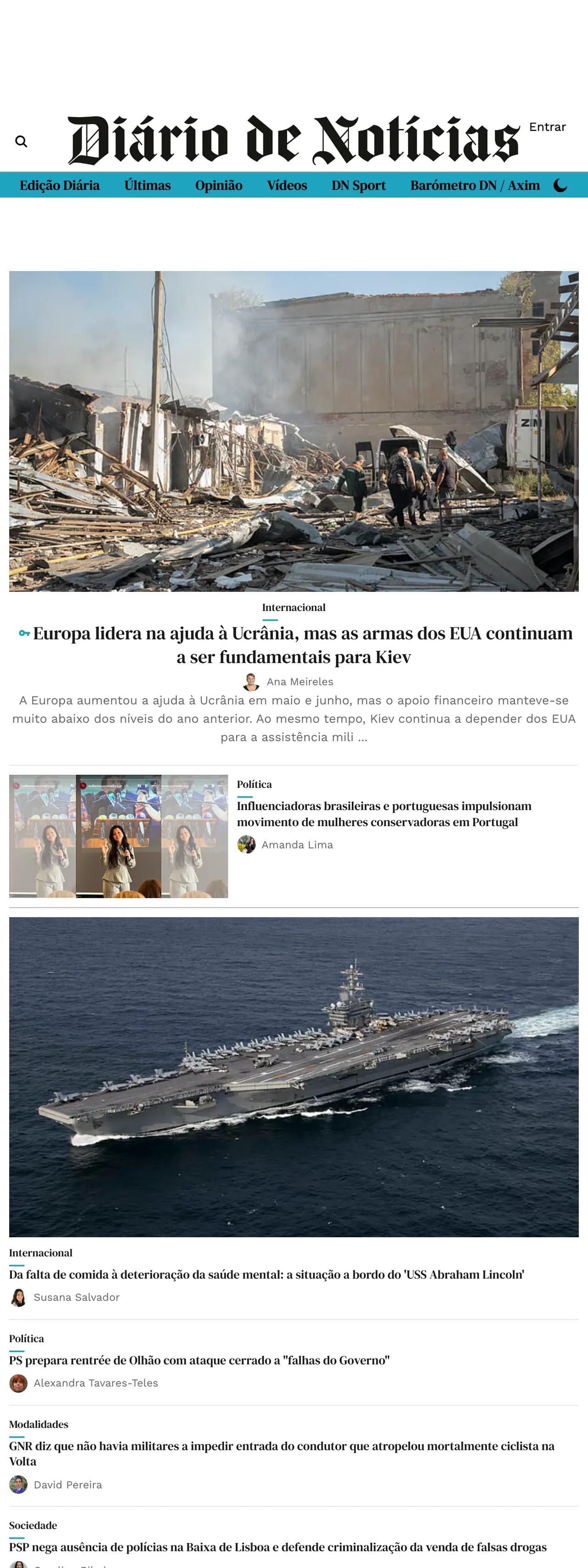 Screenshot of the Diário de Notícias front page