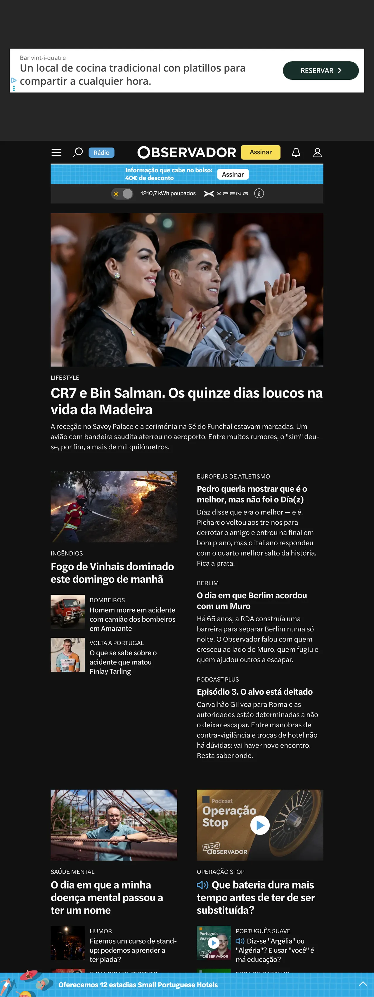 Screenshot of the Observador front page