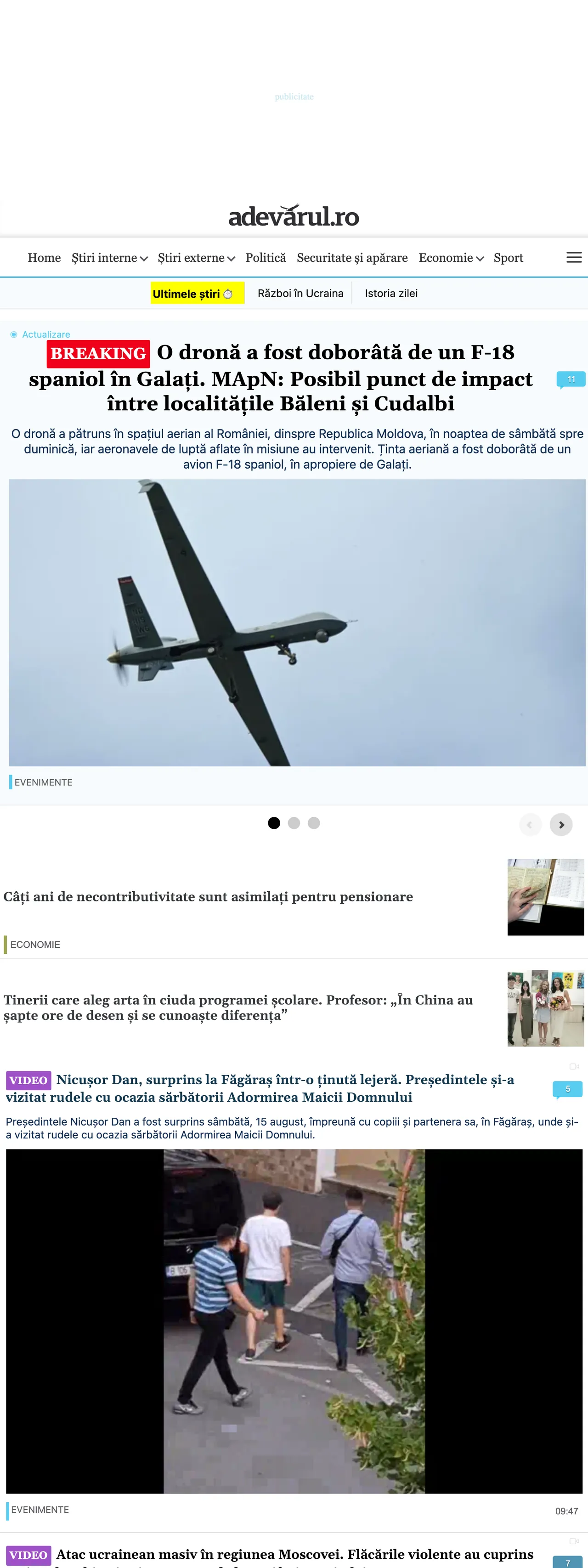 Screenshot of the Adevărul front page