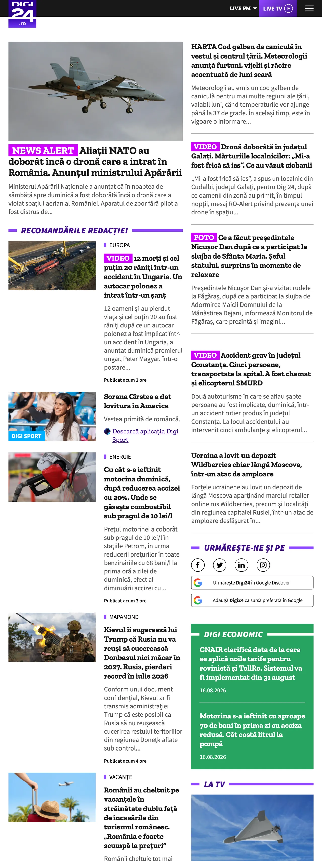 Screenshot of the Digi24 front page