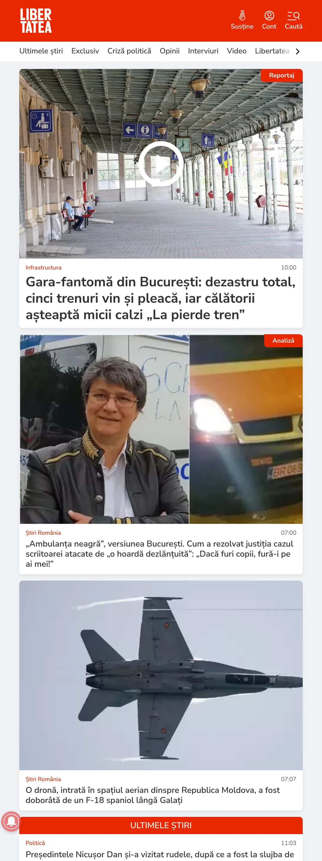 Screenshot of the Libertatea front page