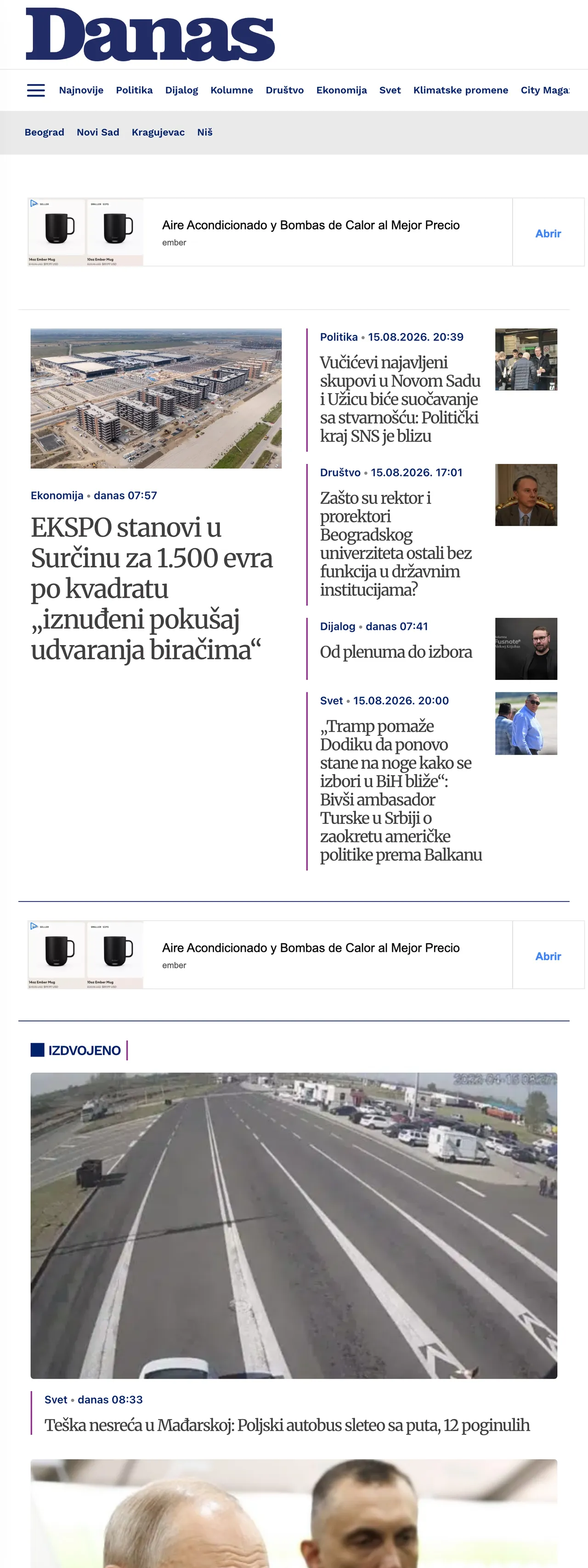 Screenshot of the Danas front page