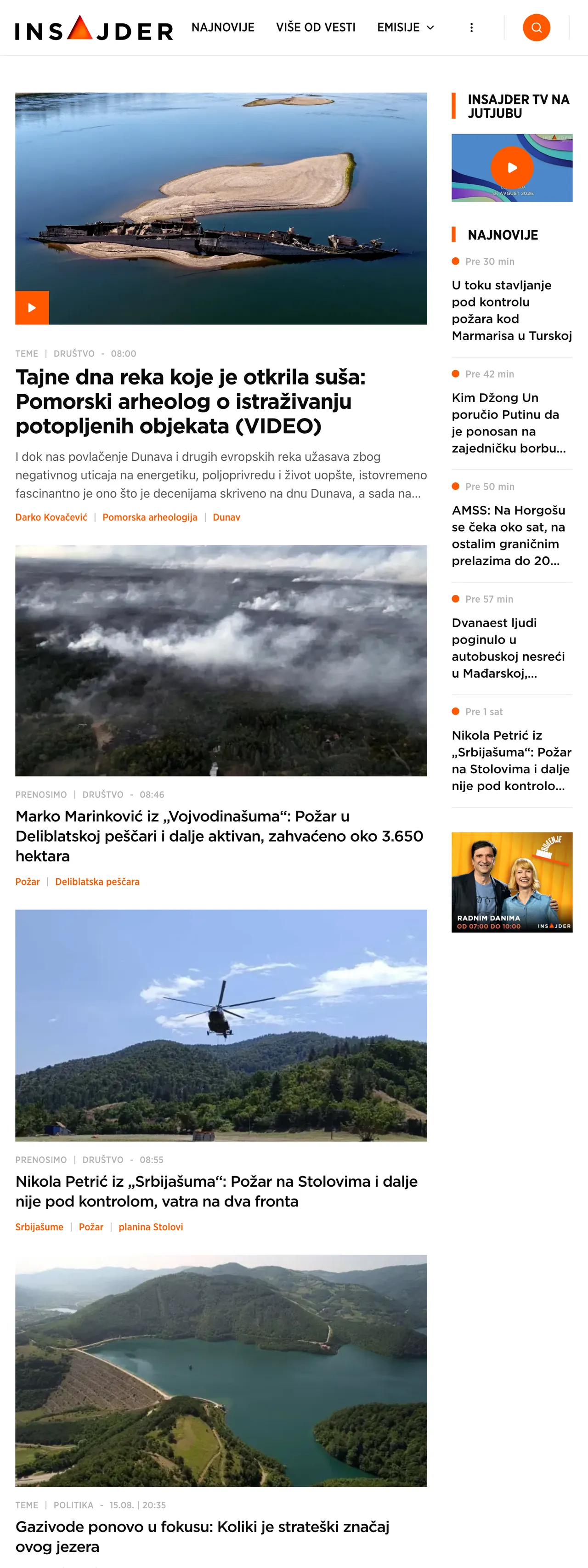 Screenshot of the Insajder front page