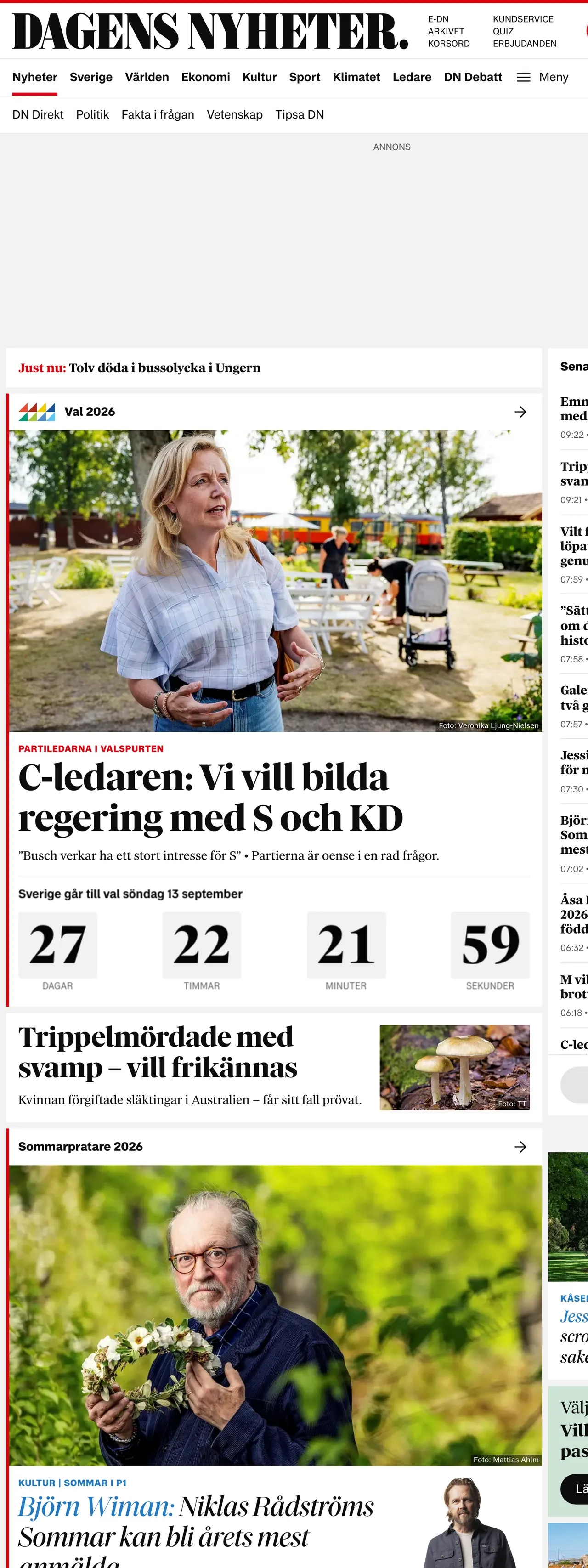 Screenshot of the Dagens Nyheter front page