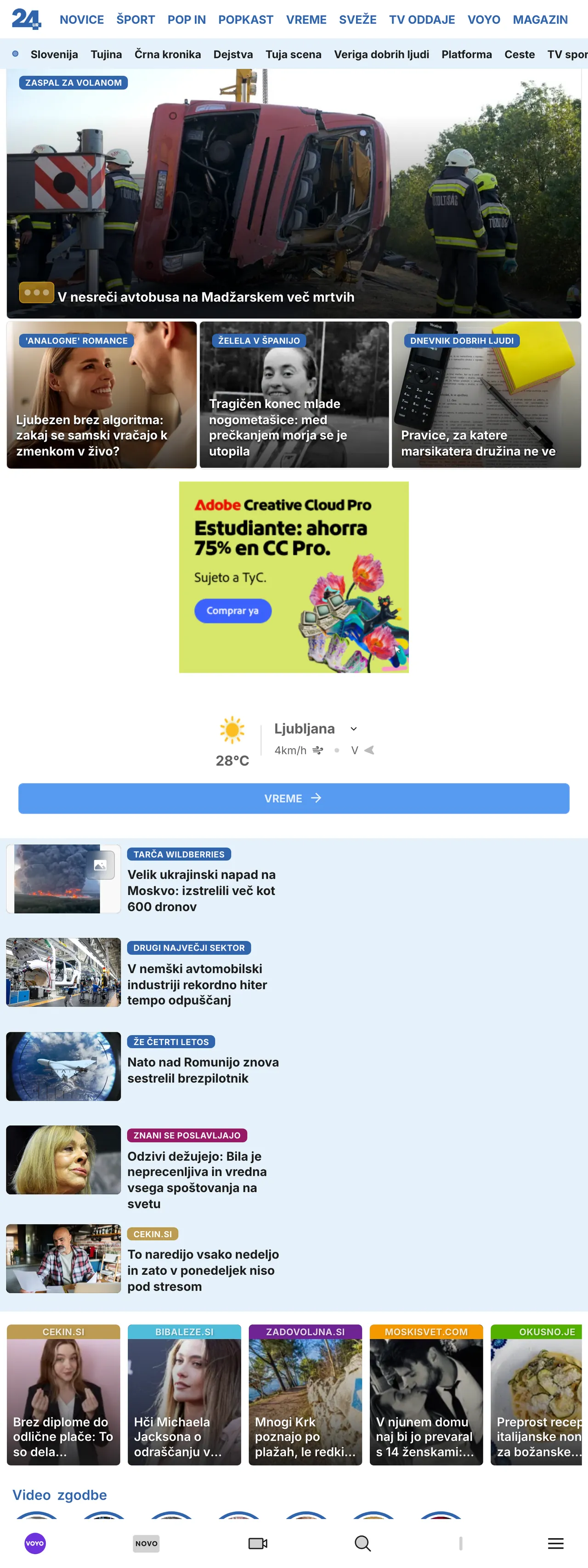 Screenshot of the 24ur front page