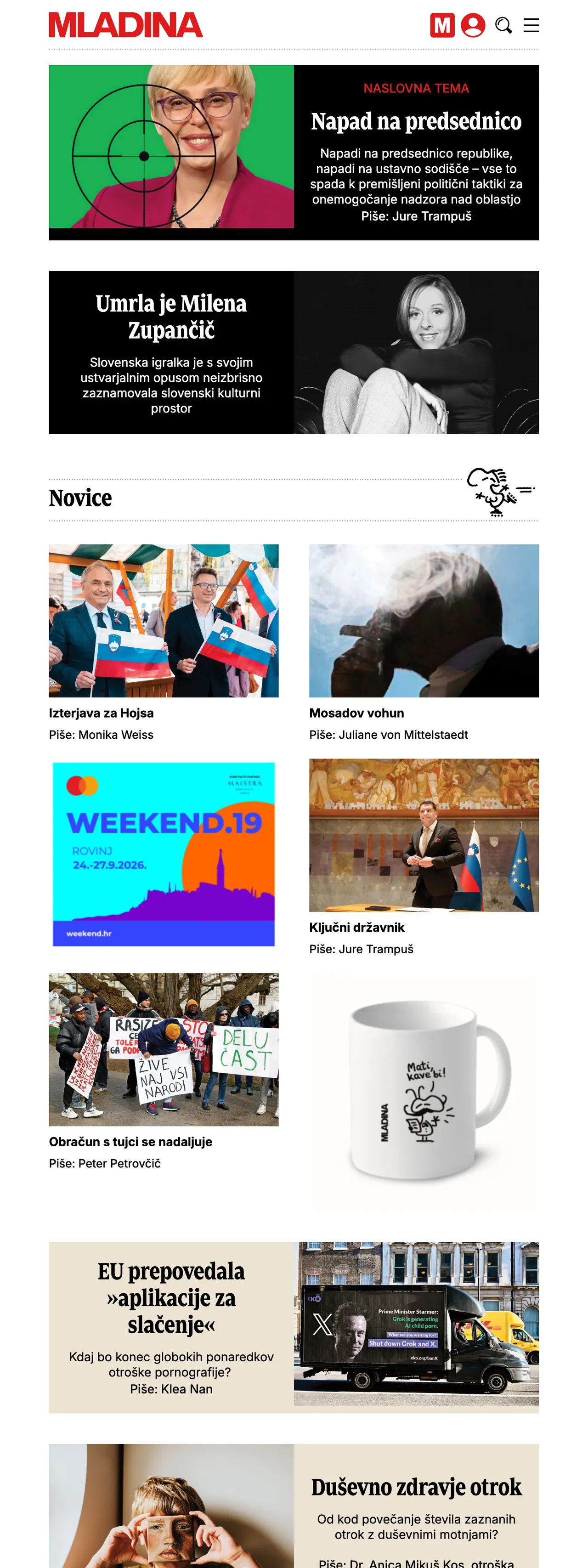 Screenshot of the Mladina front page