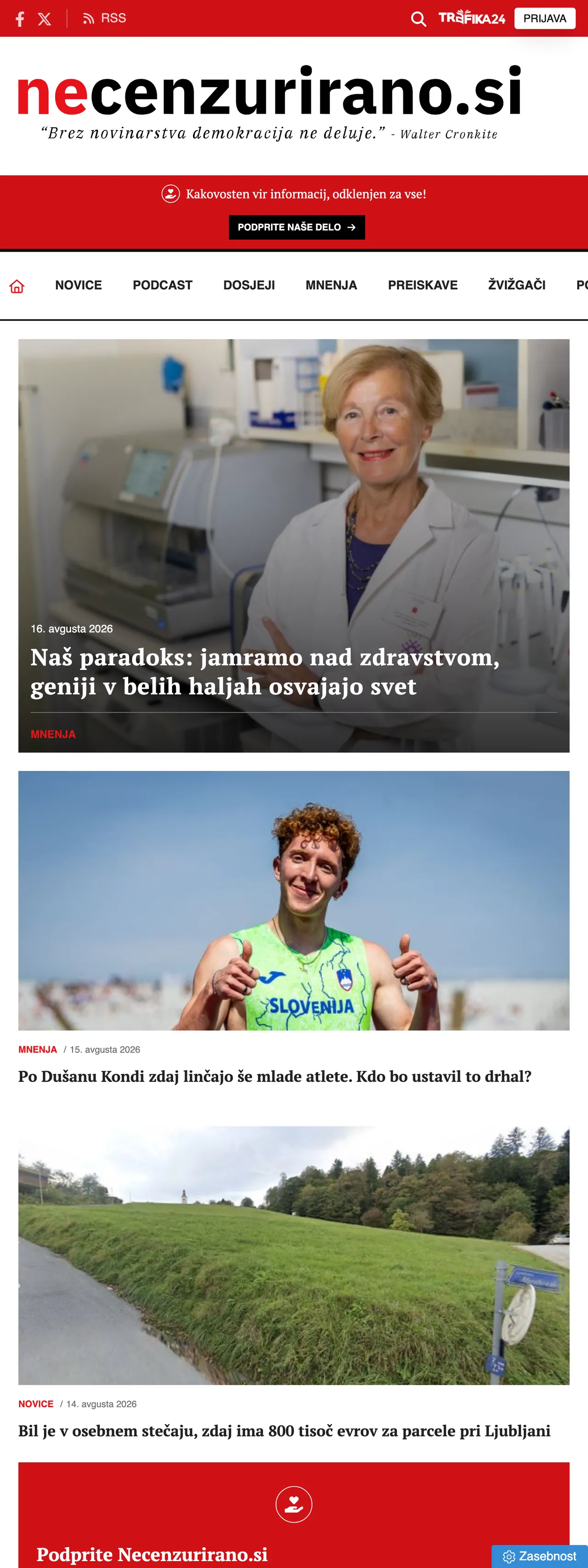Screenshot of the Necenzurirano front page