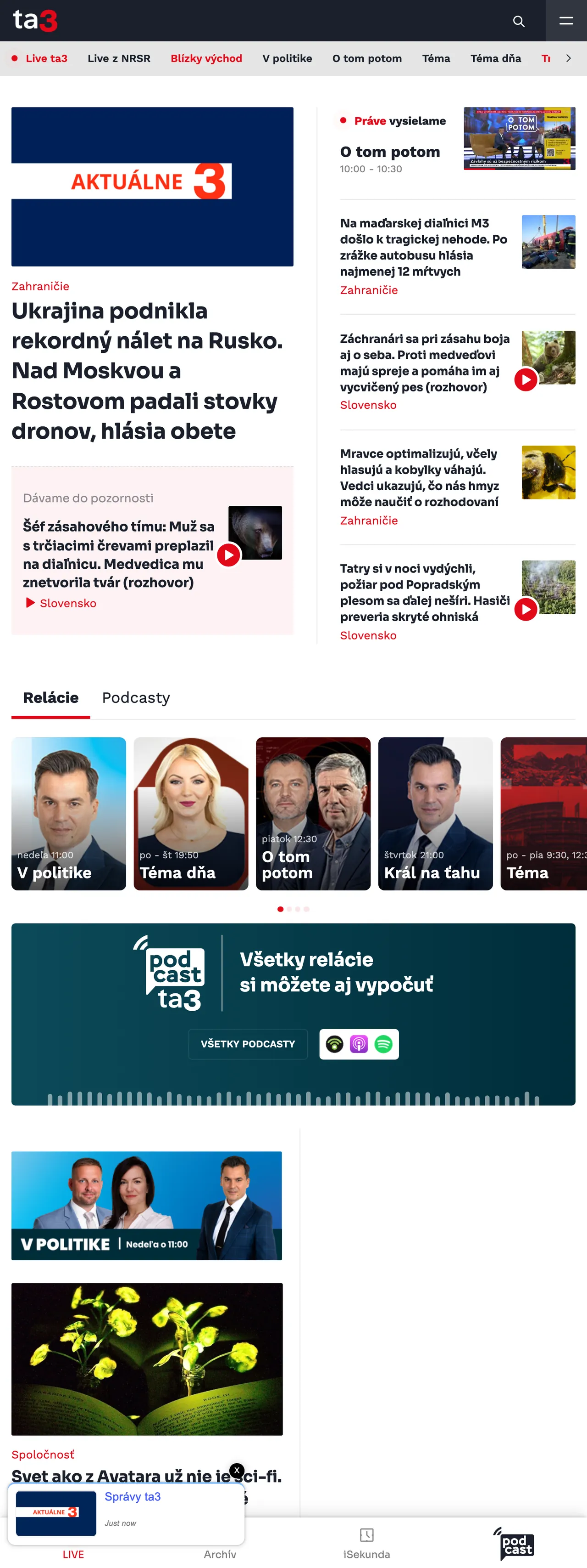 Screenshot of the TA3 front page