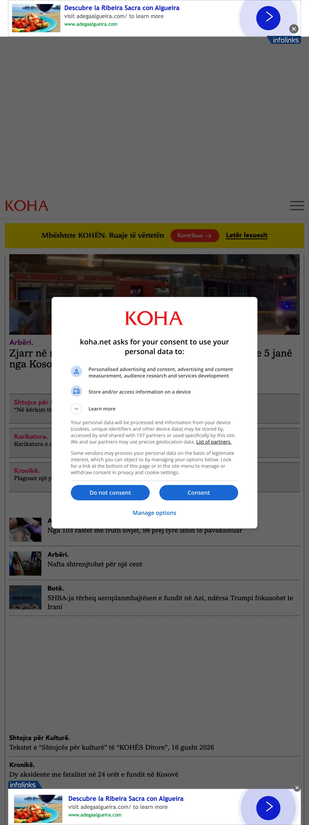 Screenshot of the Koha Ditore front page