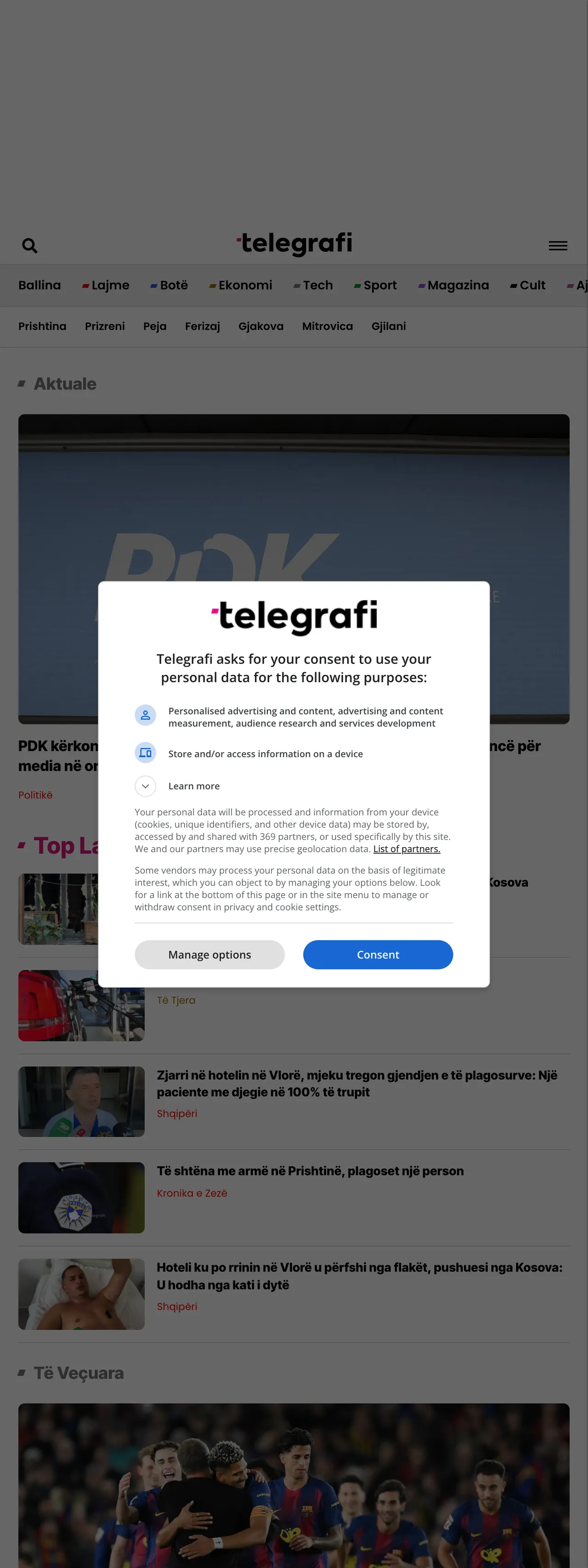 Screenshot of the Telegrafi front page