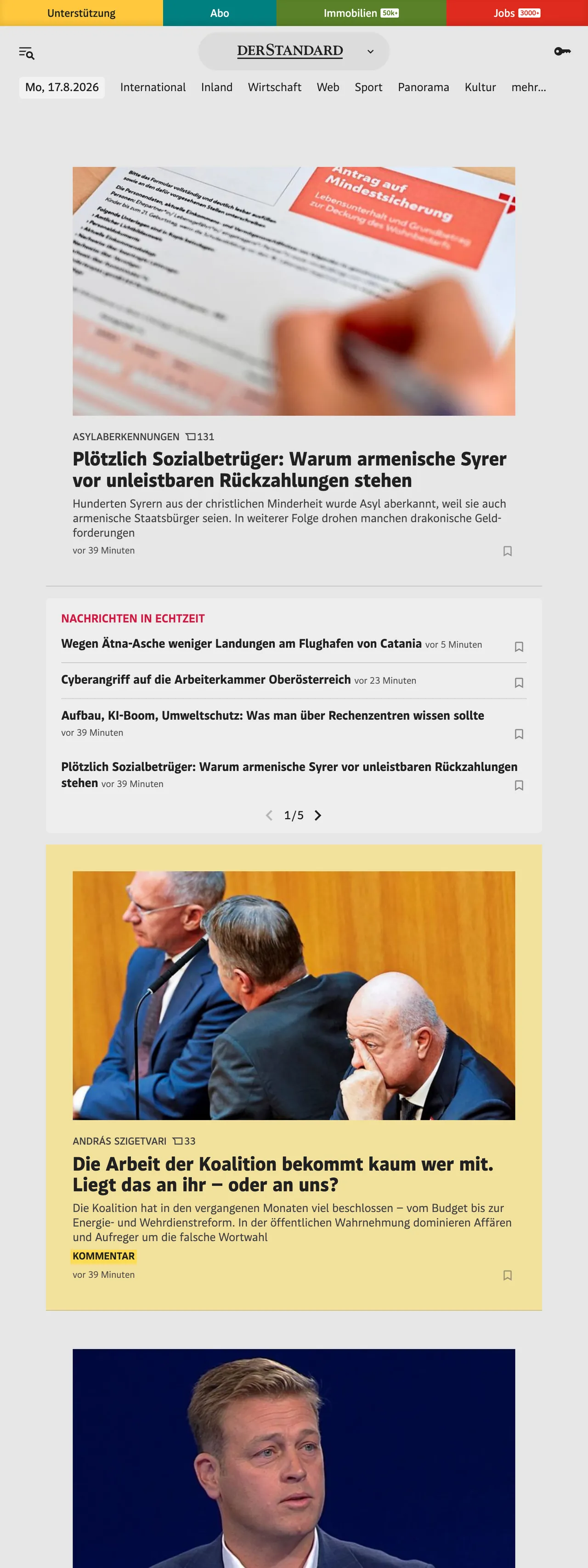 Screenshot of the DER STANDARD front page