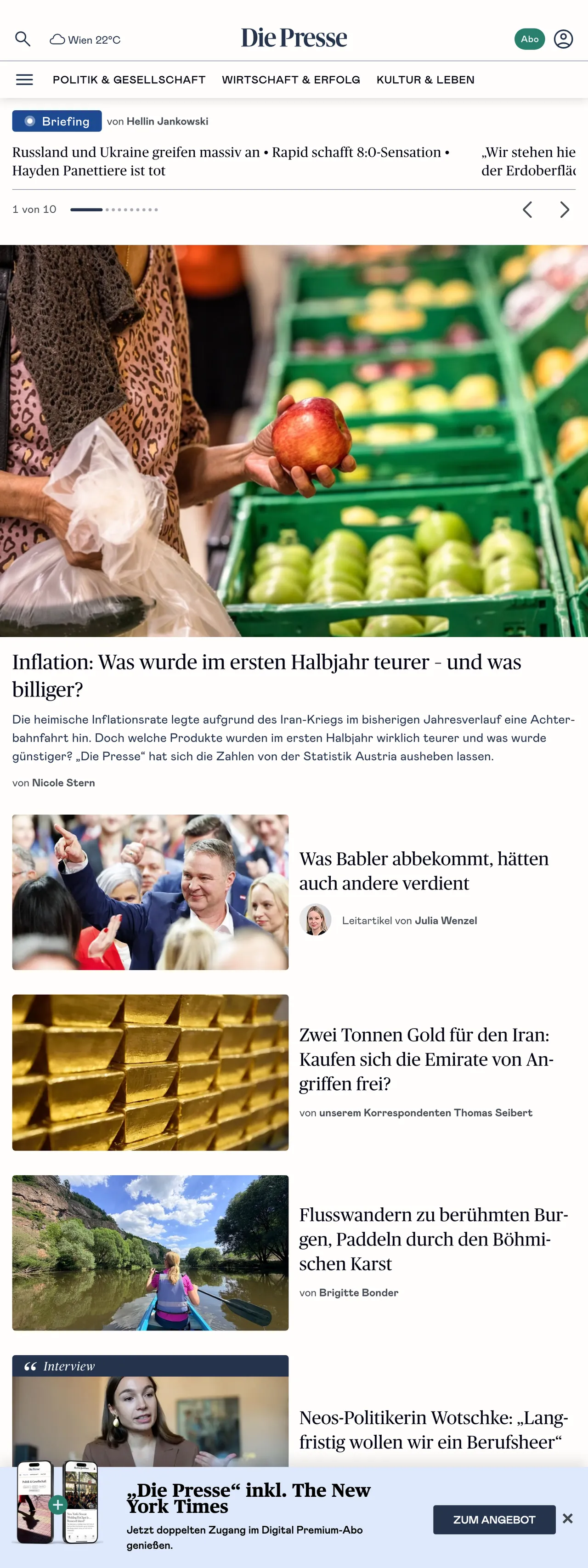 Screenshot of the Die Presse front page