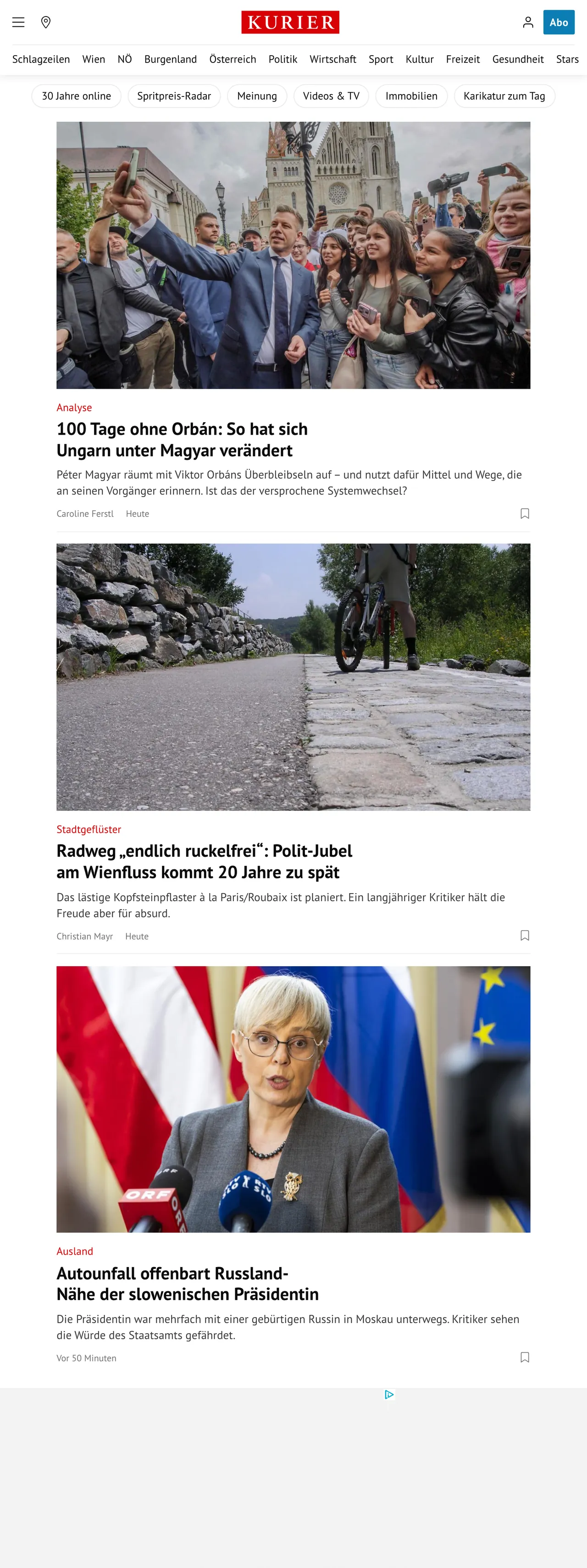 Screenshot of the Kurier front page