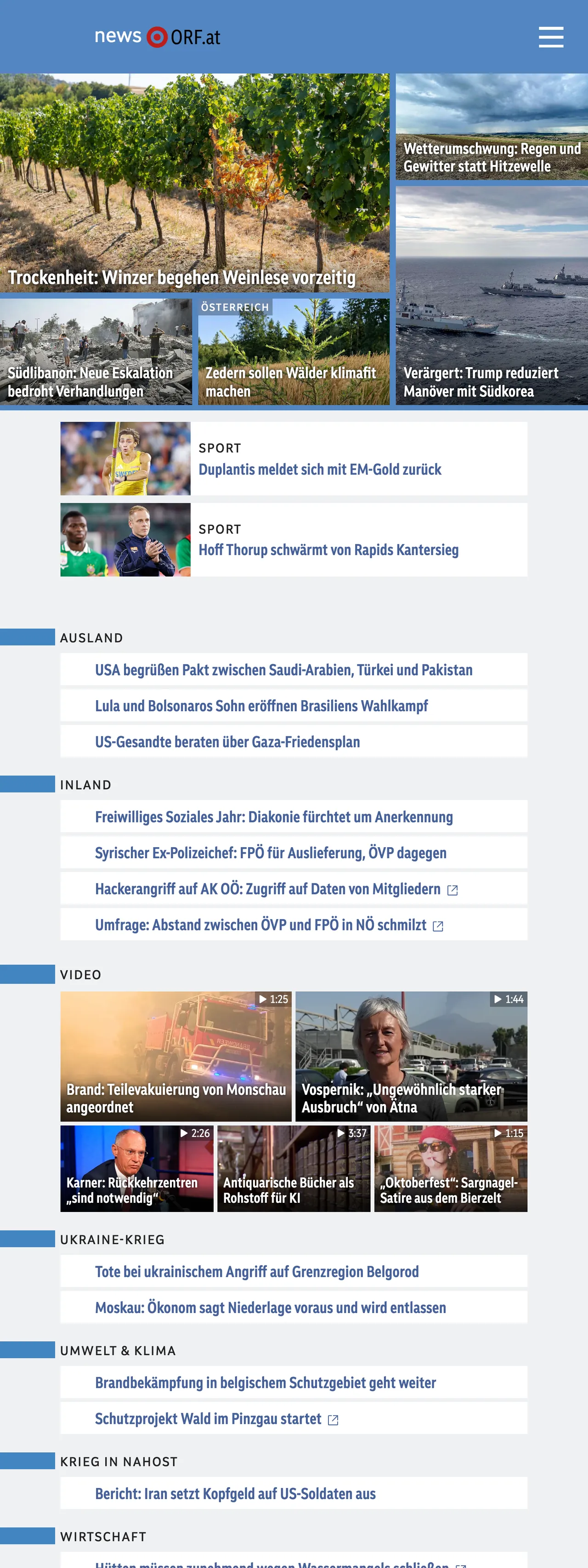 Screenshot of the ORF front page