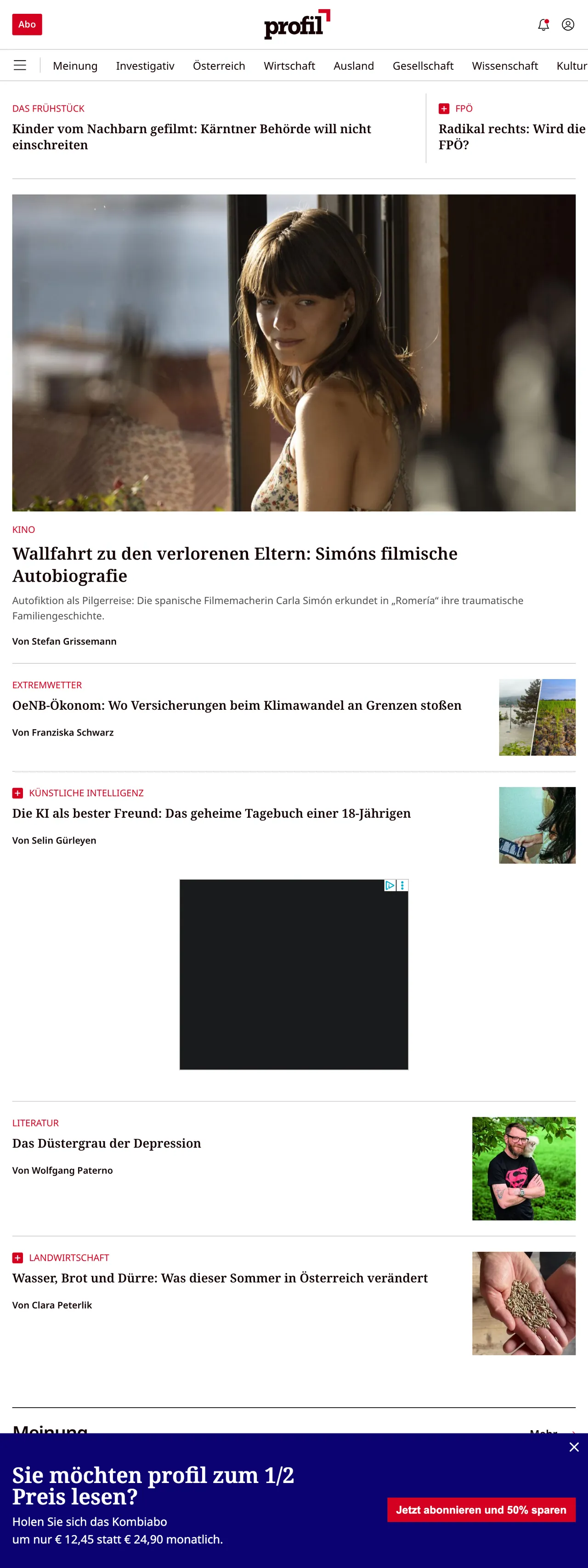 Screenshot of the profil front page