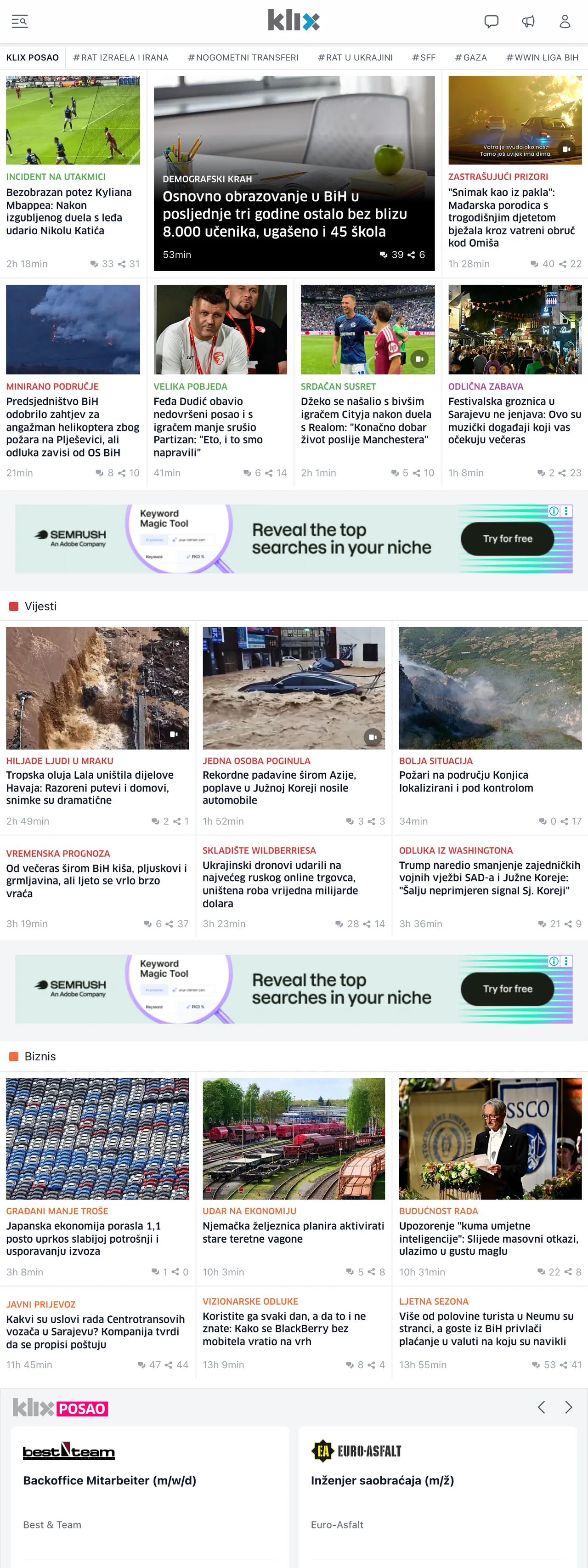 Screenshot of the Klix.ba front page