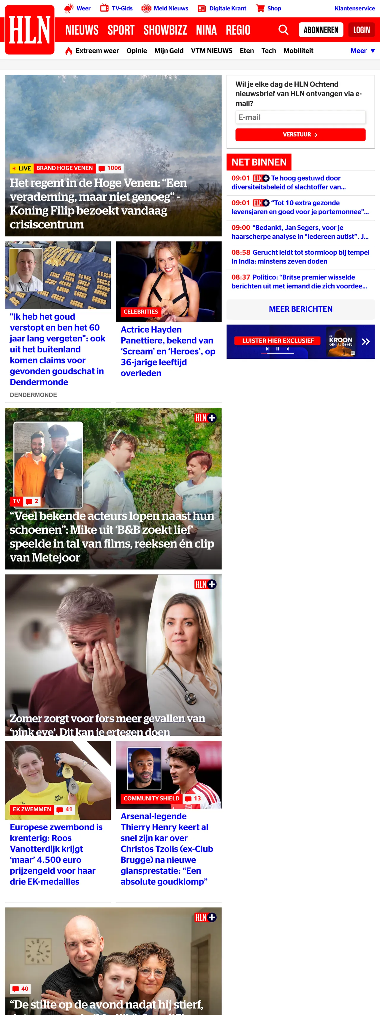 Screenshot of the HLN front page