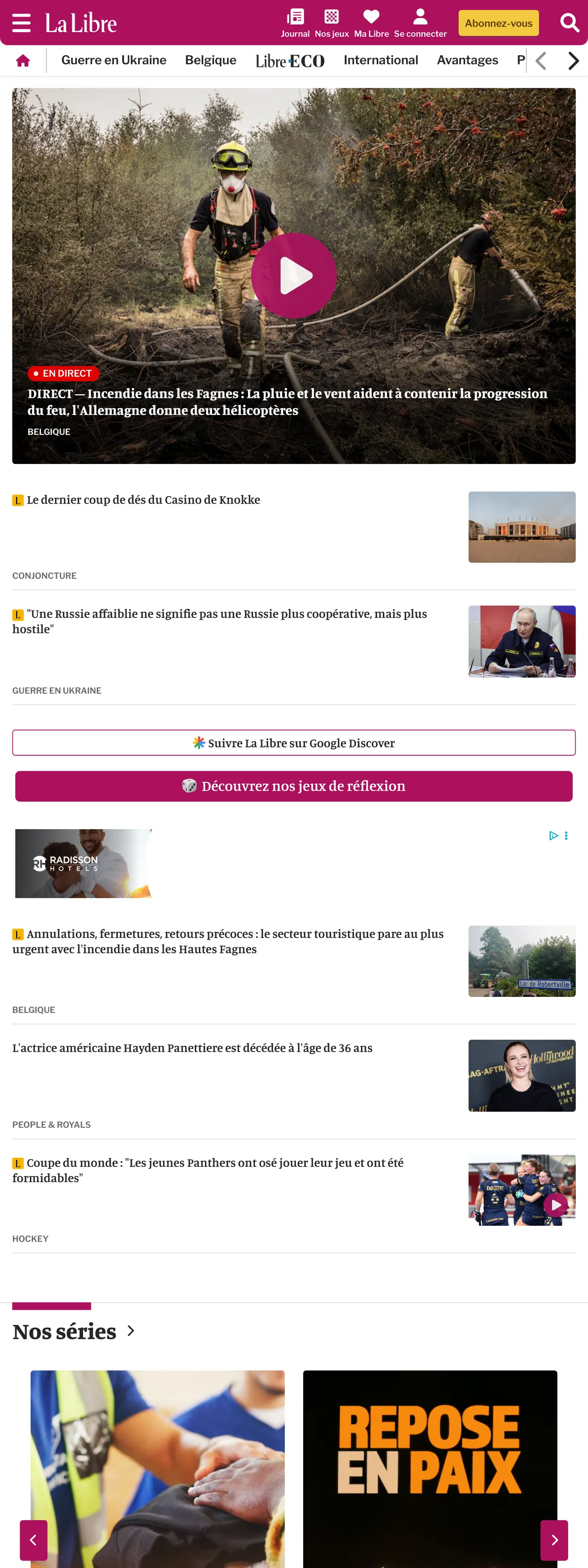 Screenshot of the La Libre front page