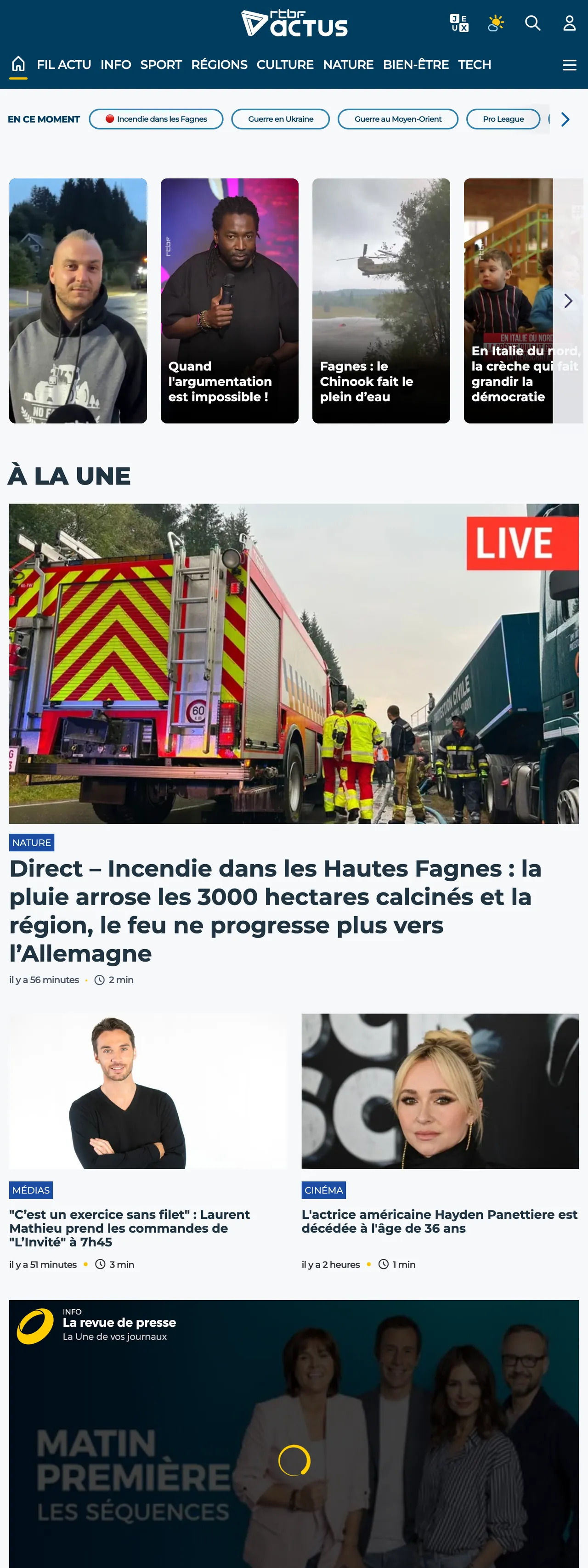 Screenshot of the RTBF front page