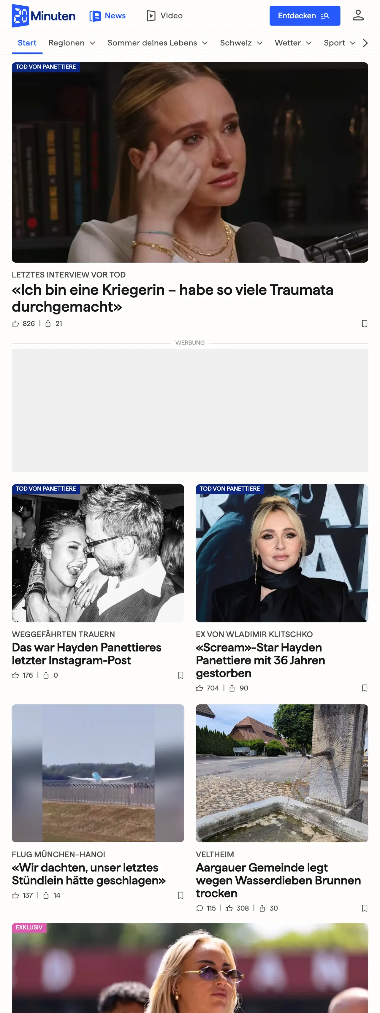 Screenshot of the 20 Minuten front page