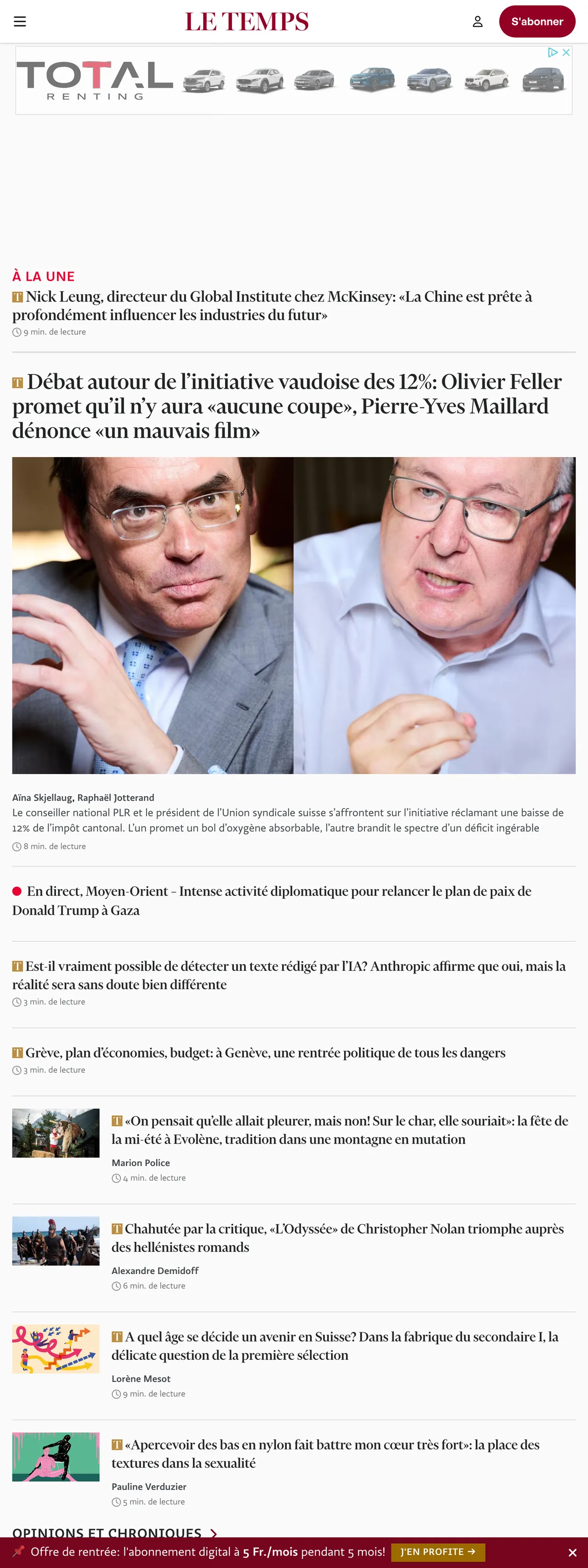 Screenshot of the Le Temps front page