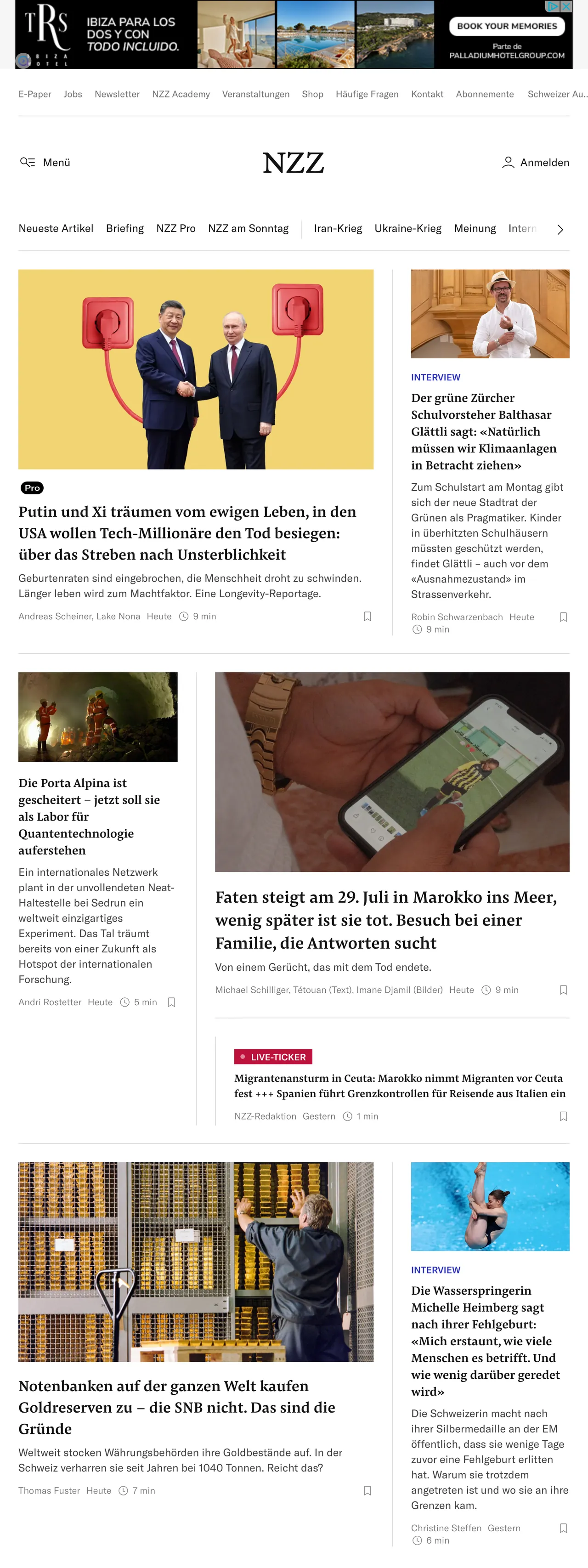 Screenshot of the Neue Zürcher Zeitung front page