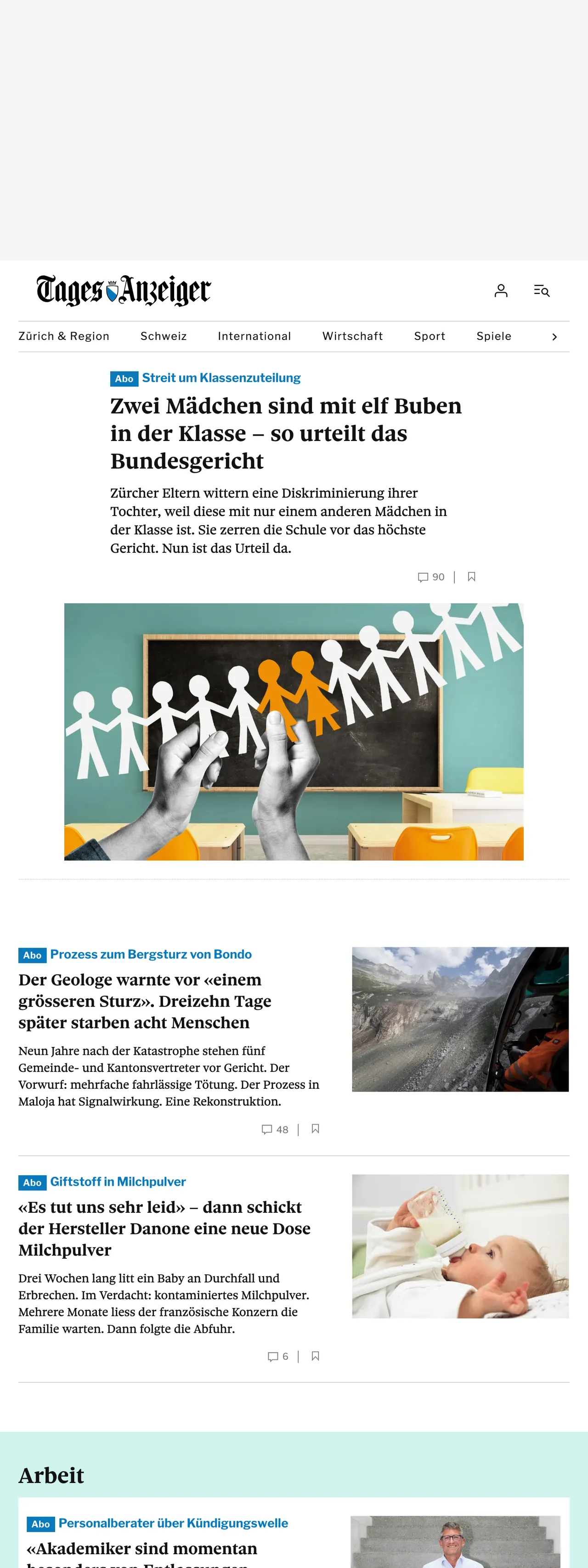 Screenshot of the Tages-Anzeiger front page