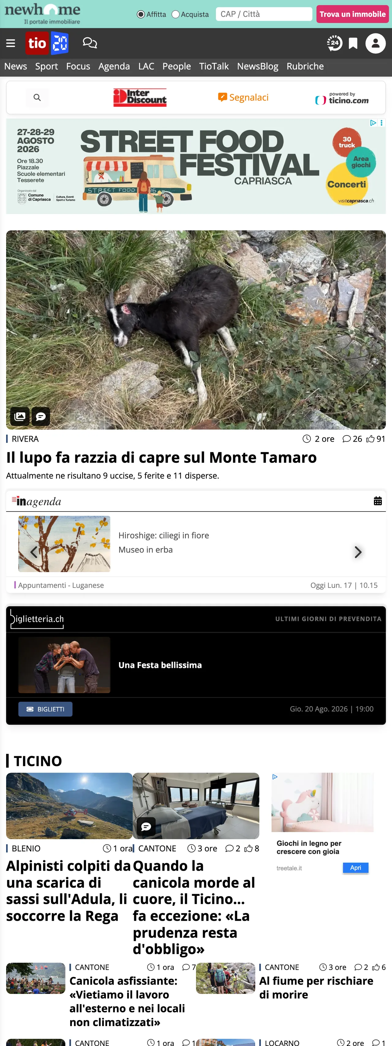 Screenshot of the Ticinonline front page