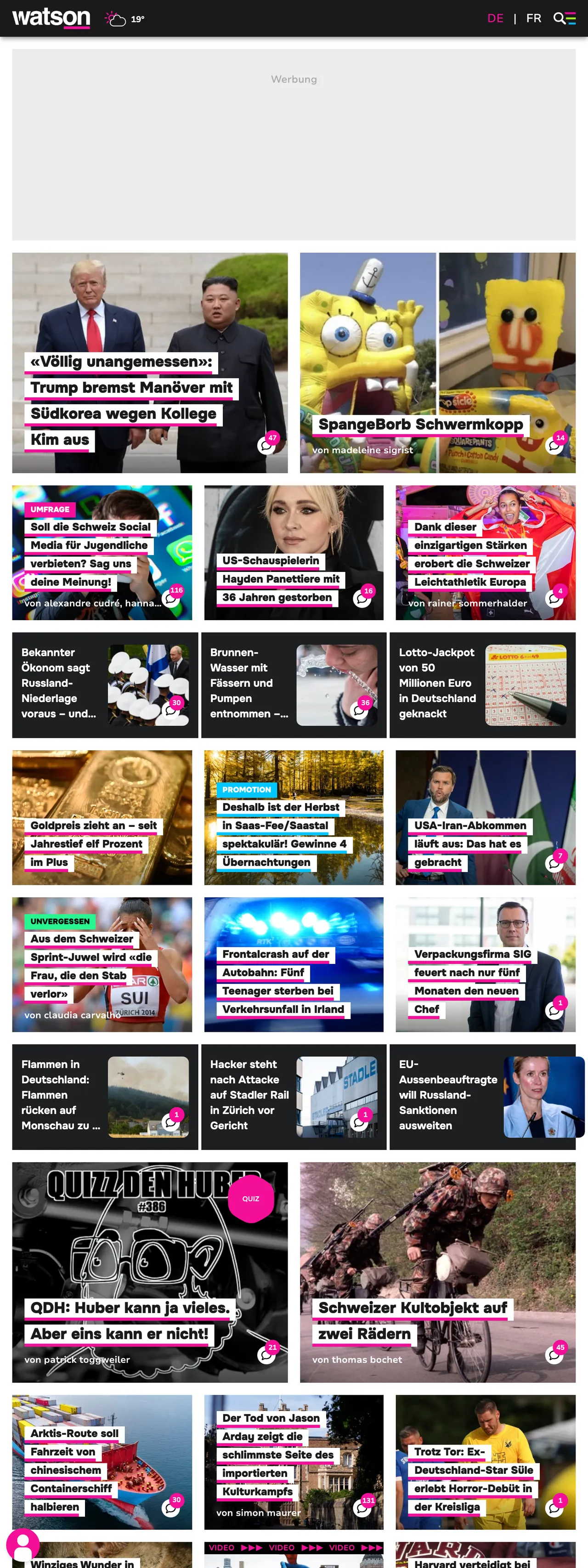 Screenshot of the watson front page