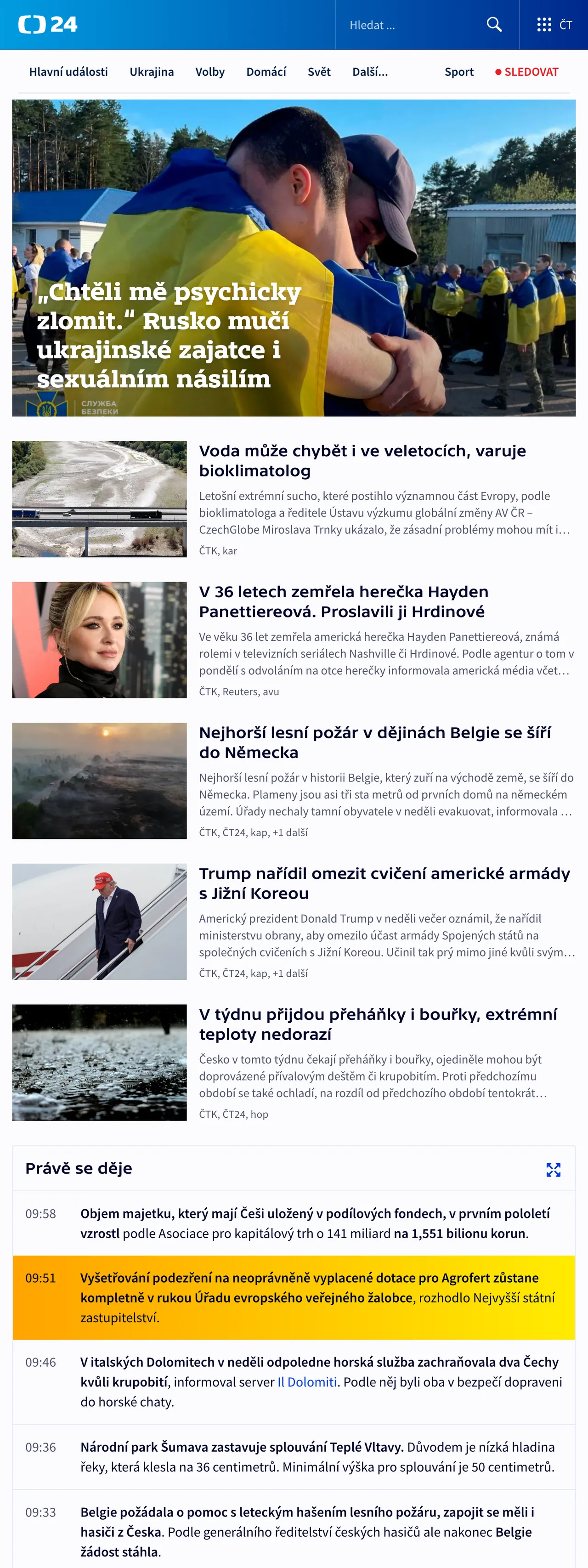 Screenshot of the ČT24 front page