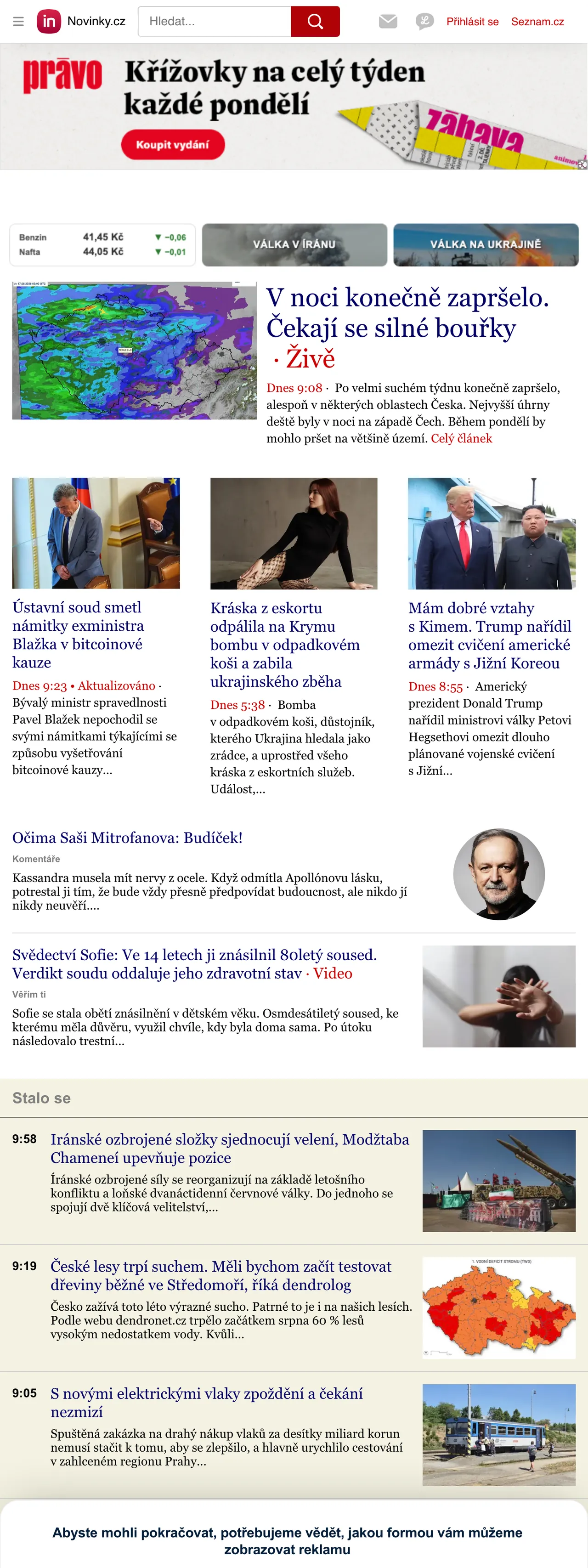 Screenshot of the Novinky.cz front page