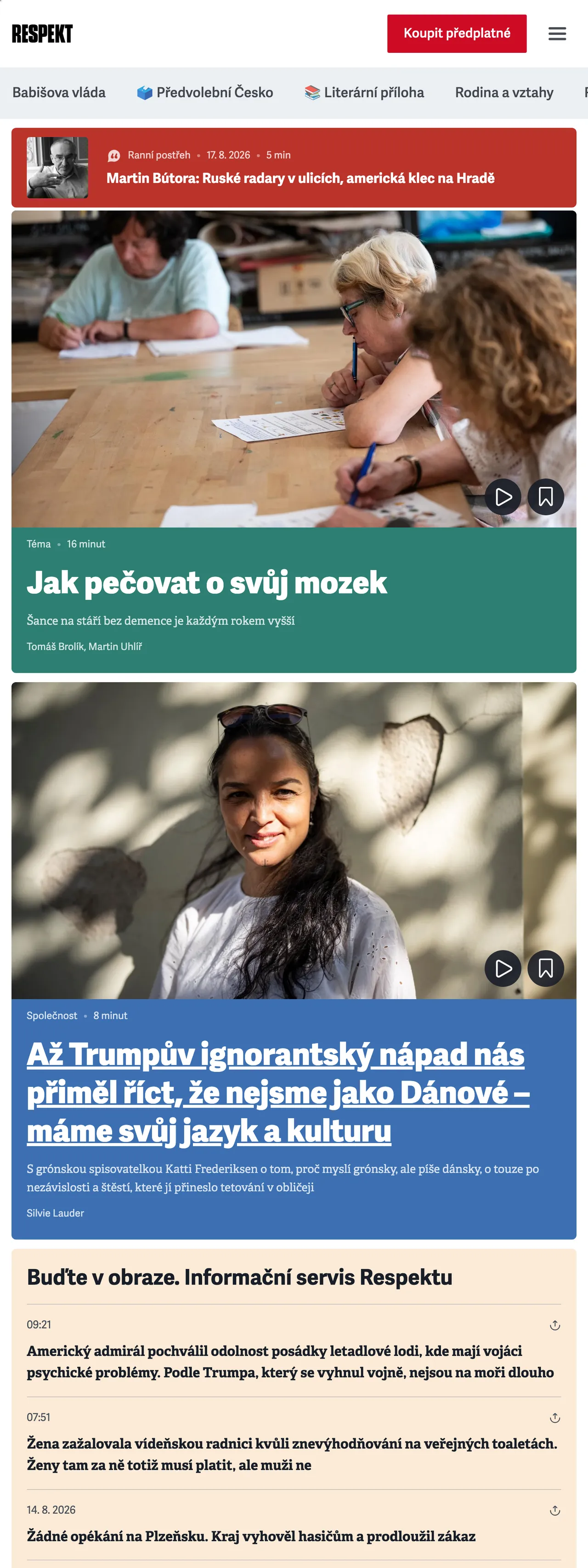 Screenshot of the Respekt front page