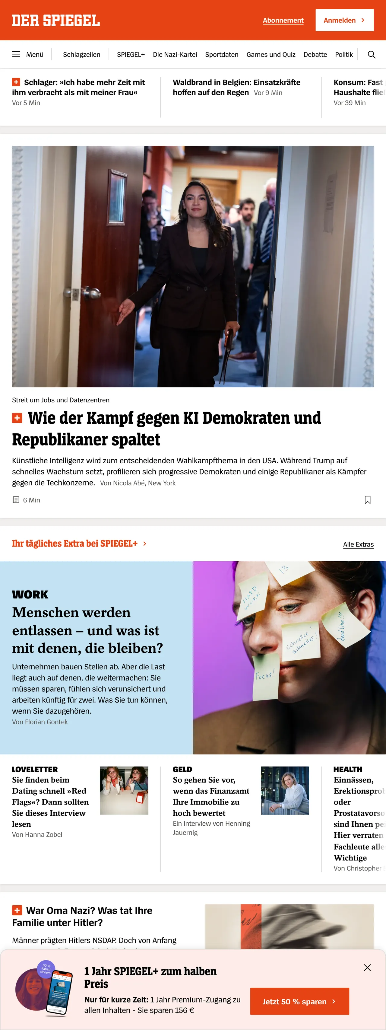 Screenshot of the DER SPIEGEL front page