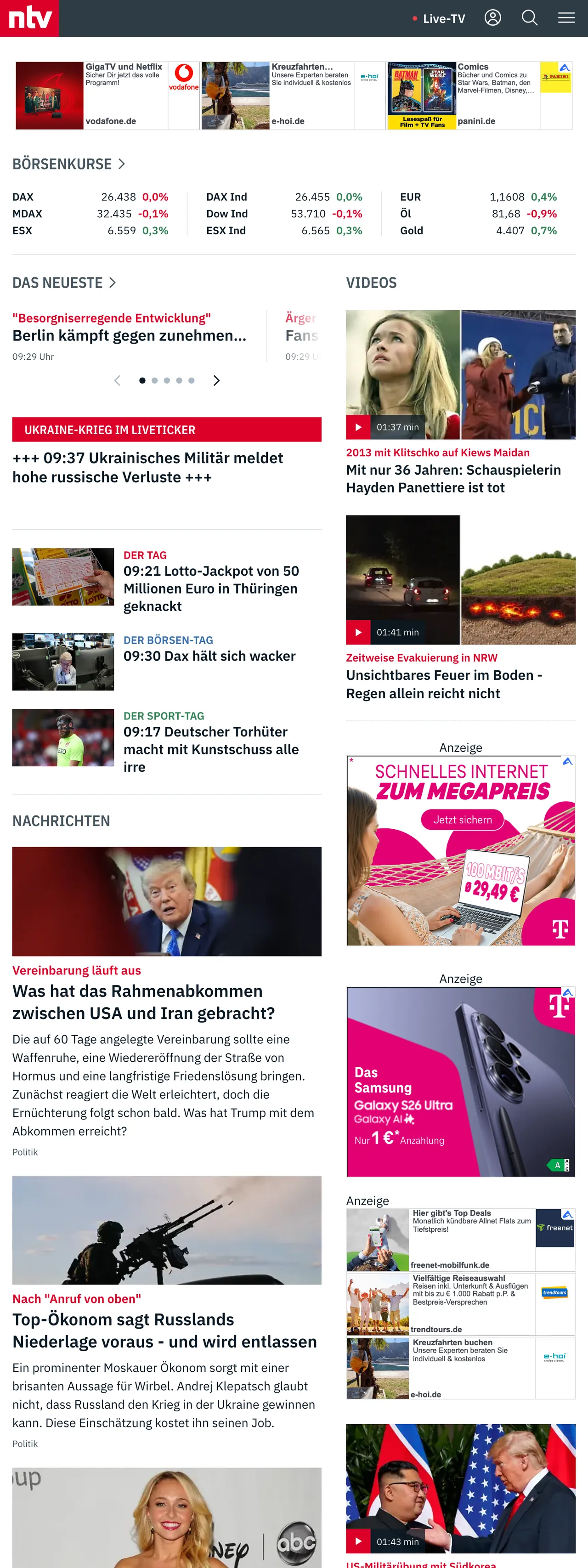 Screenshot of the n-tv front page
