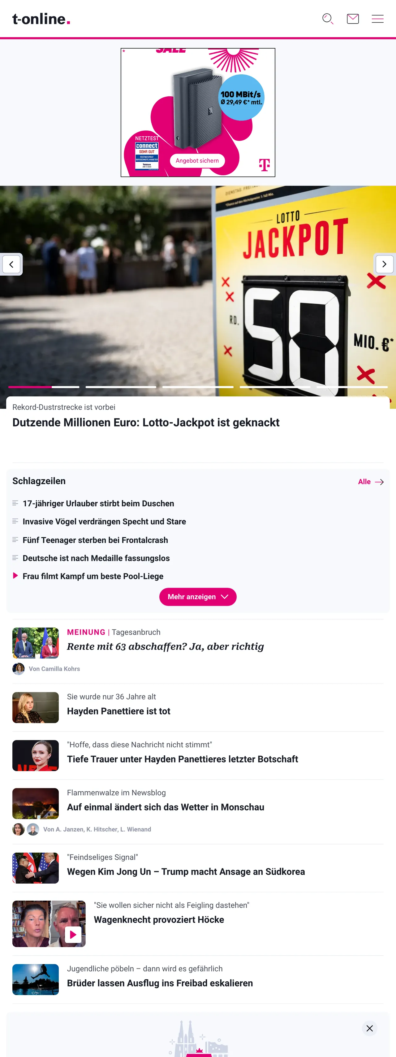 Screenshot of the t-online front page