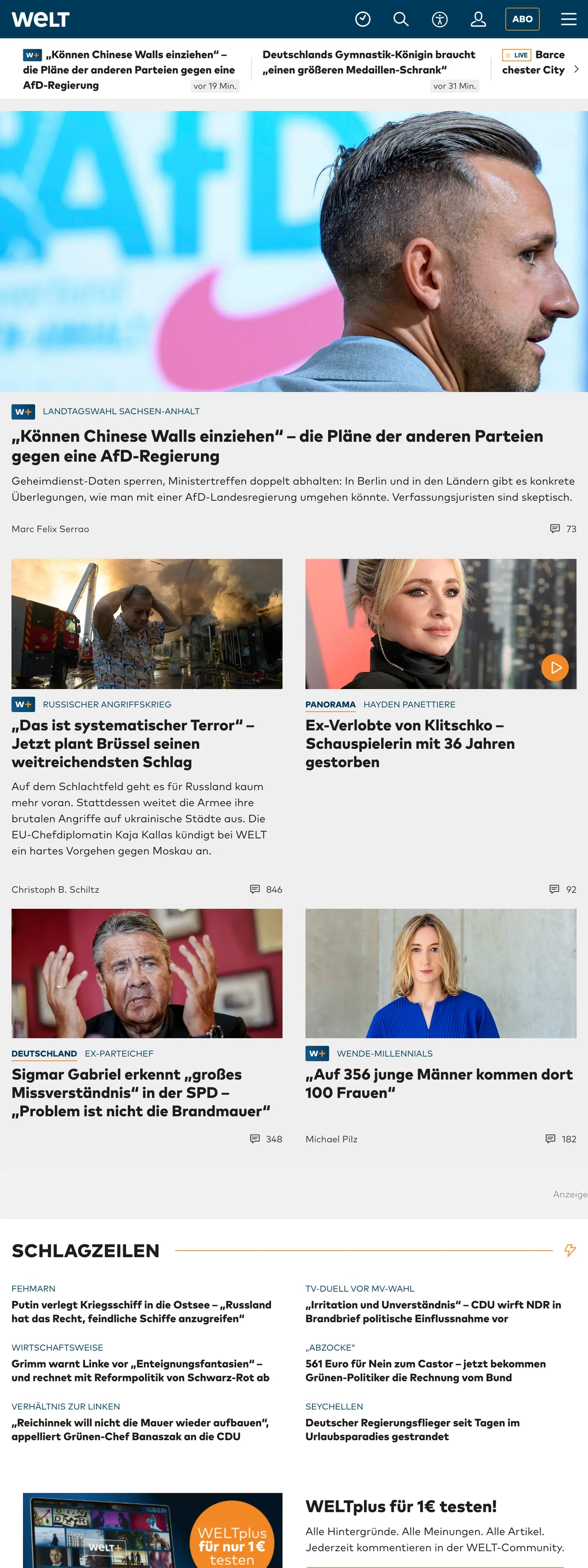 Screenshot of the WELT front page