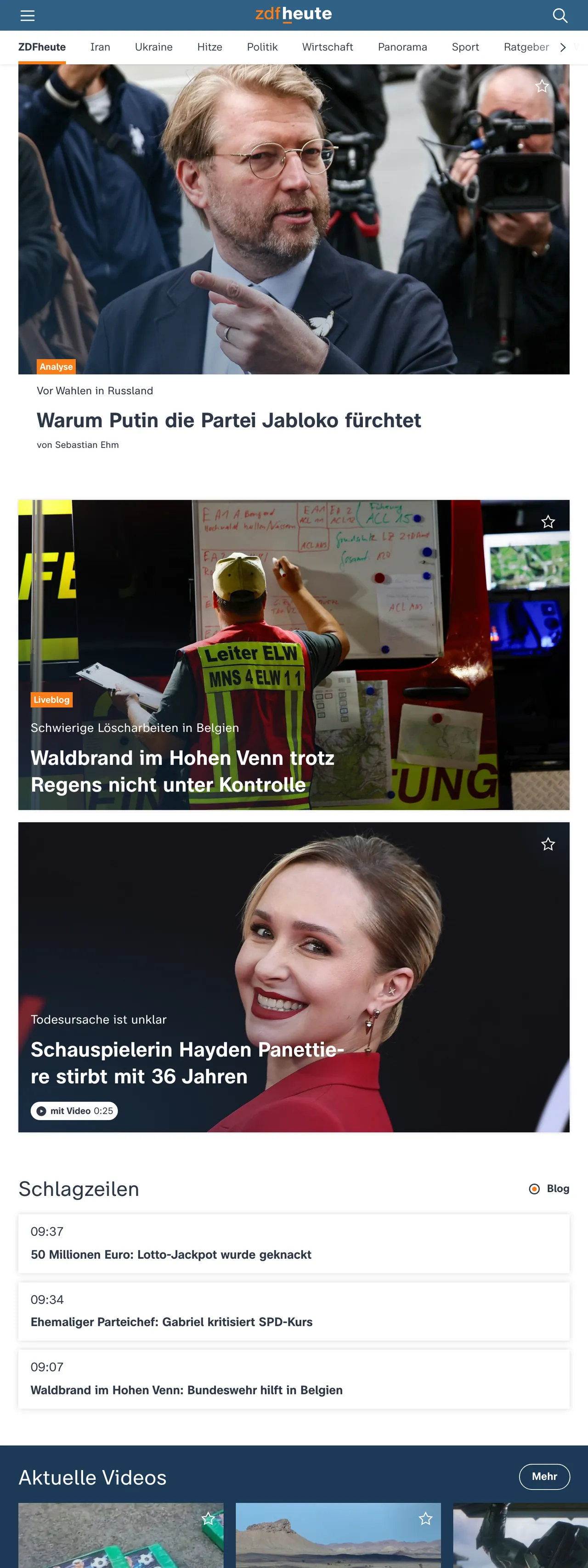 Screenshot of the ZDFheute front page