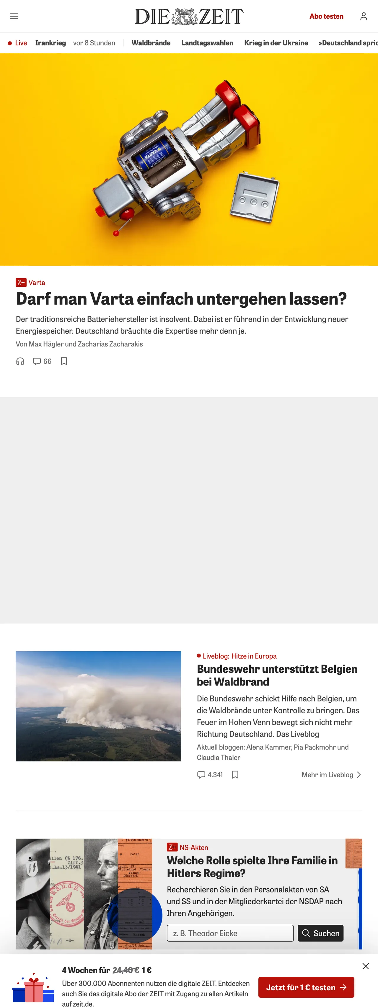 Screenshot of the ZEIT ONLINE front page