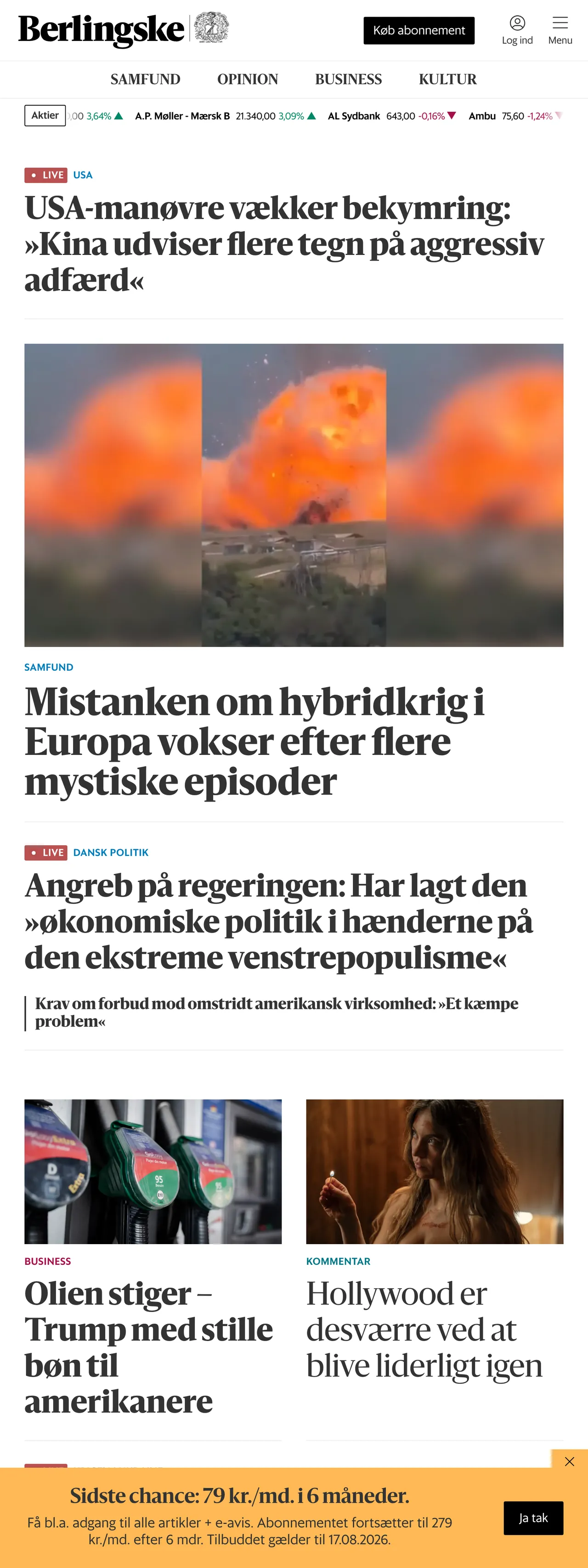 Screenshot of the Berlingske front page