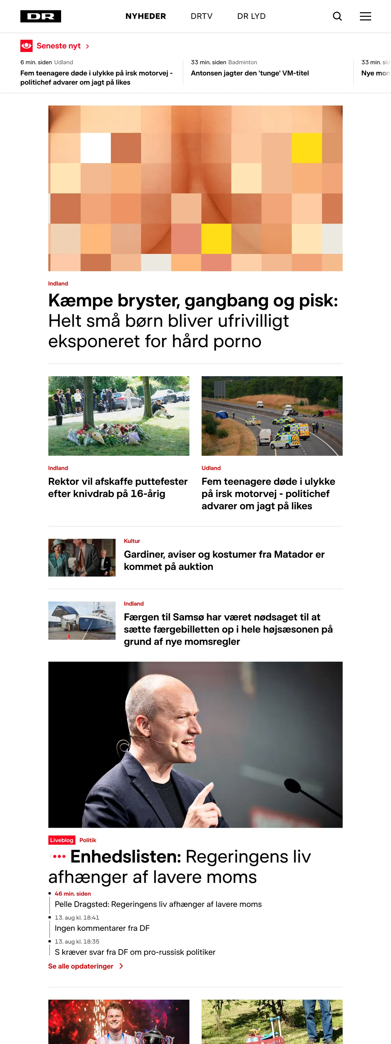 Screenshot of the DR front page