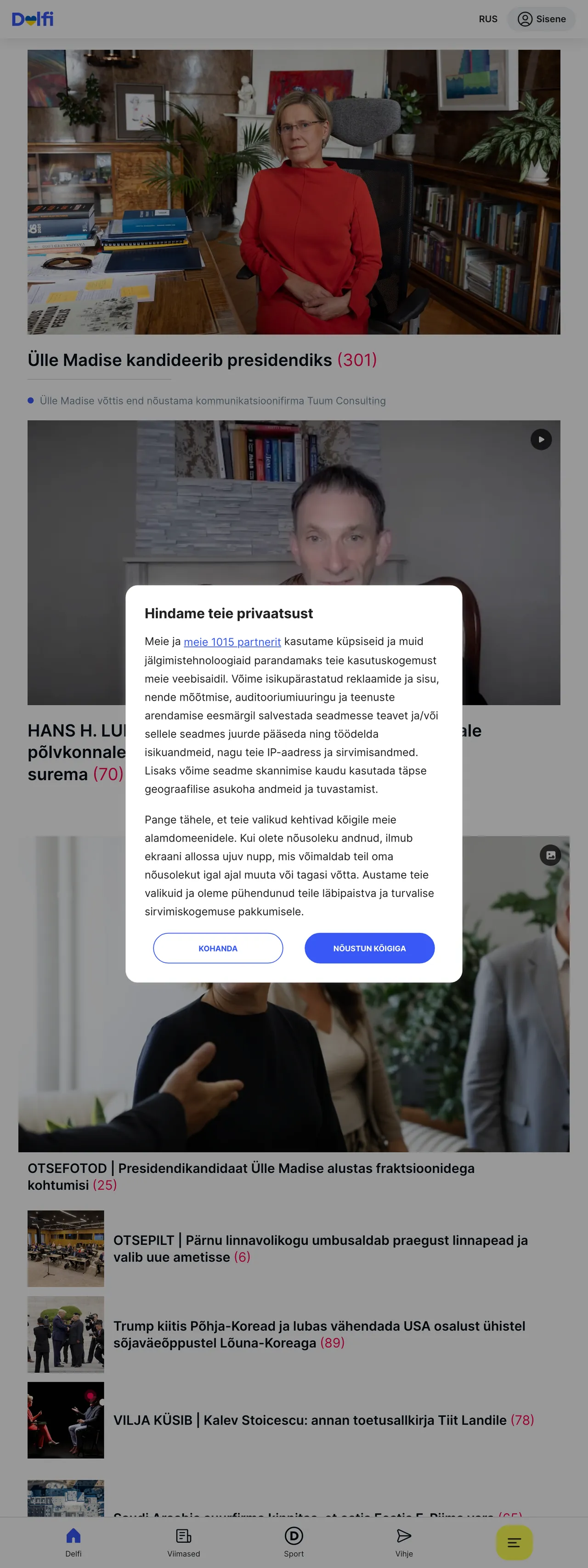 Screenshot of the Delfi front page