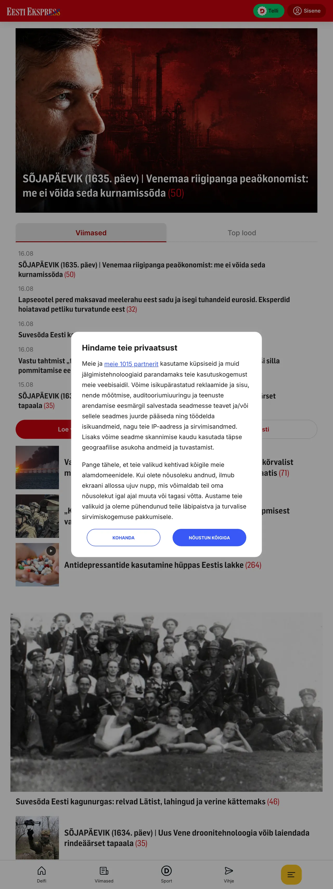 Screenshot of the Eesti Ekspress front page