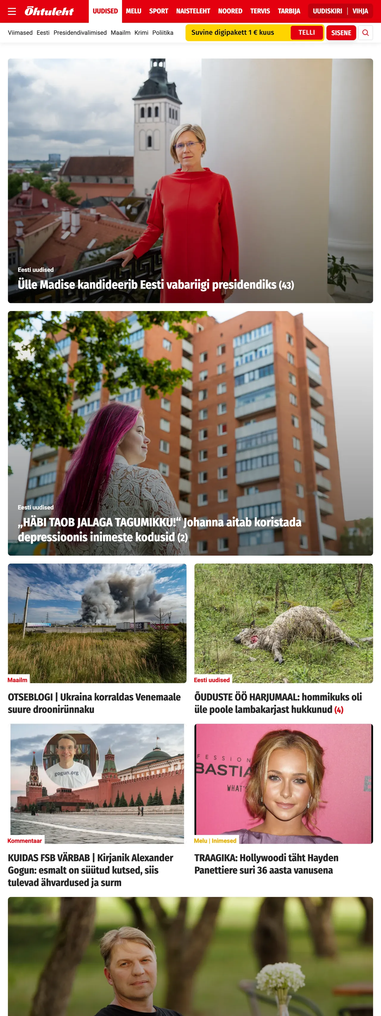 Screenshot of the Õhtuleht front page