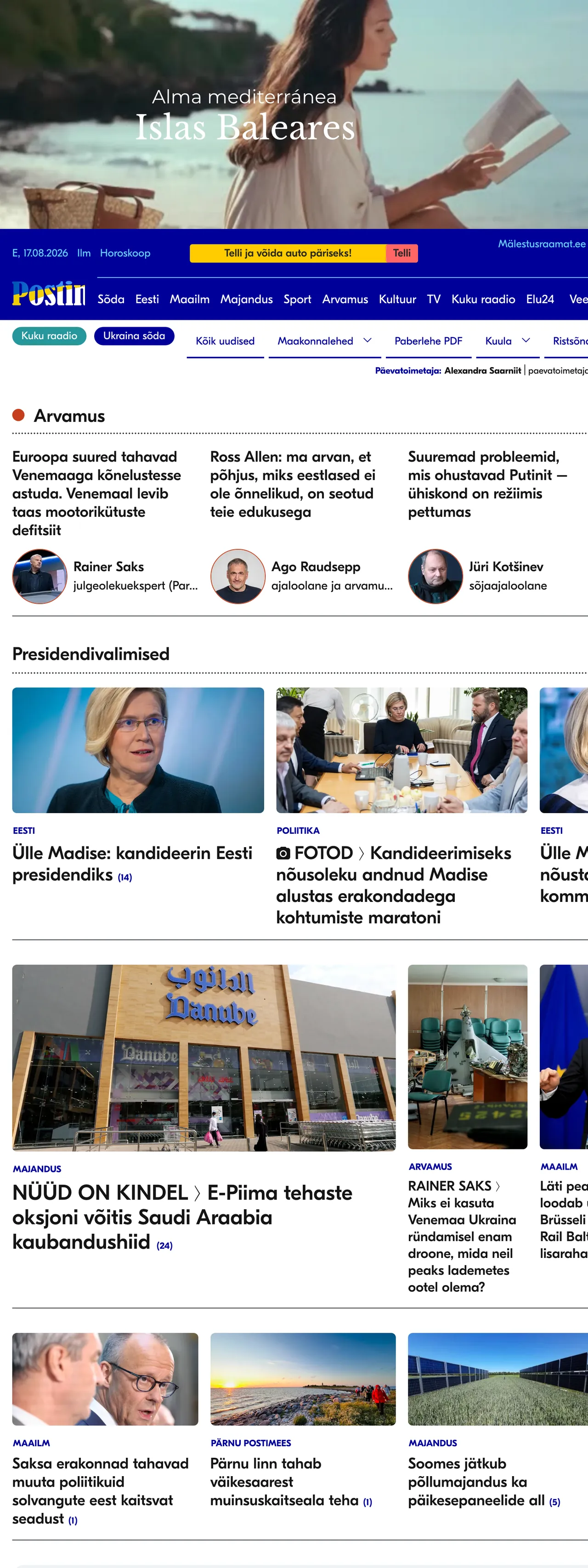 Screenshot of the Postimees front page
