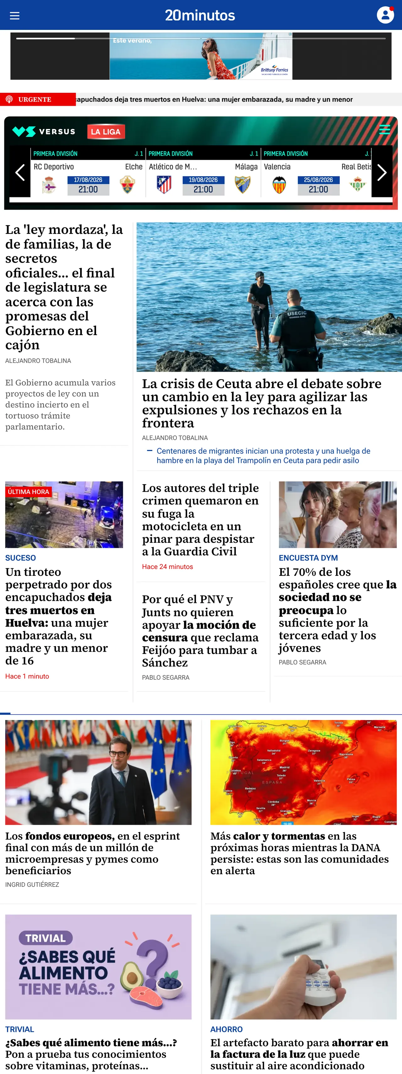 Screenshot of the 20minutos front page