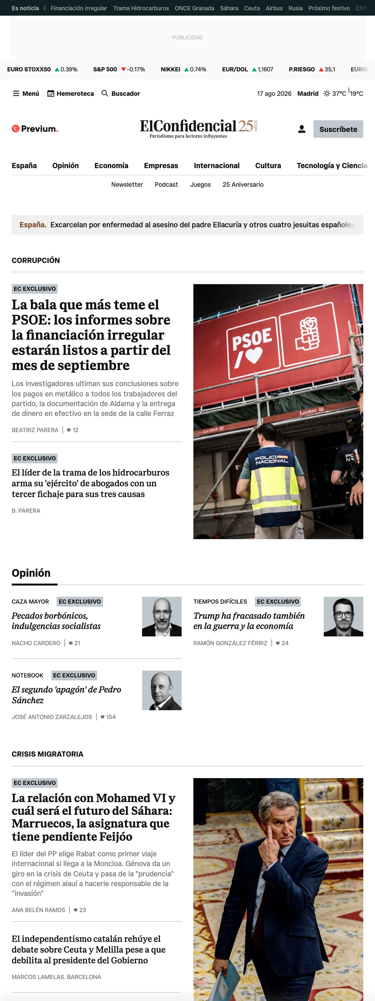 Screenshot of the El Confidencial front page