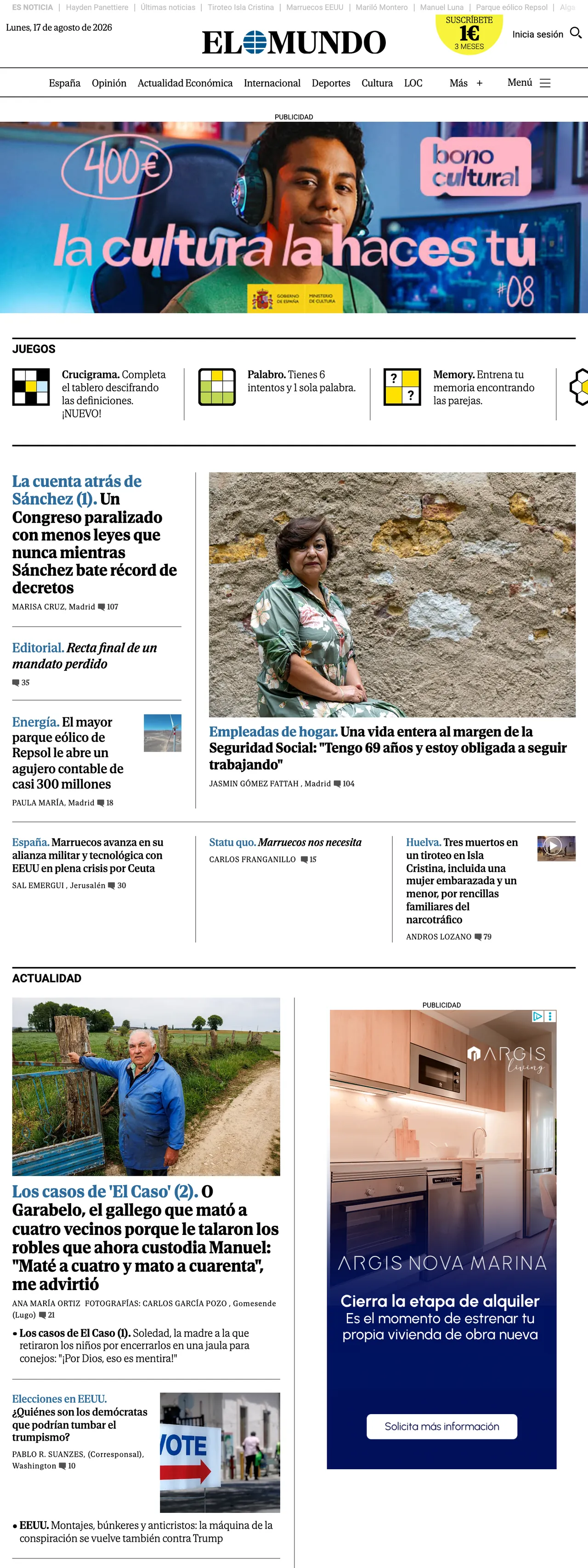 Screenshot of the El Mundo front page